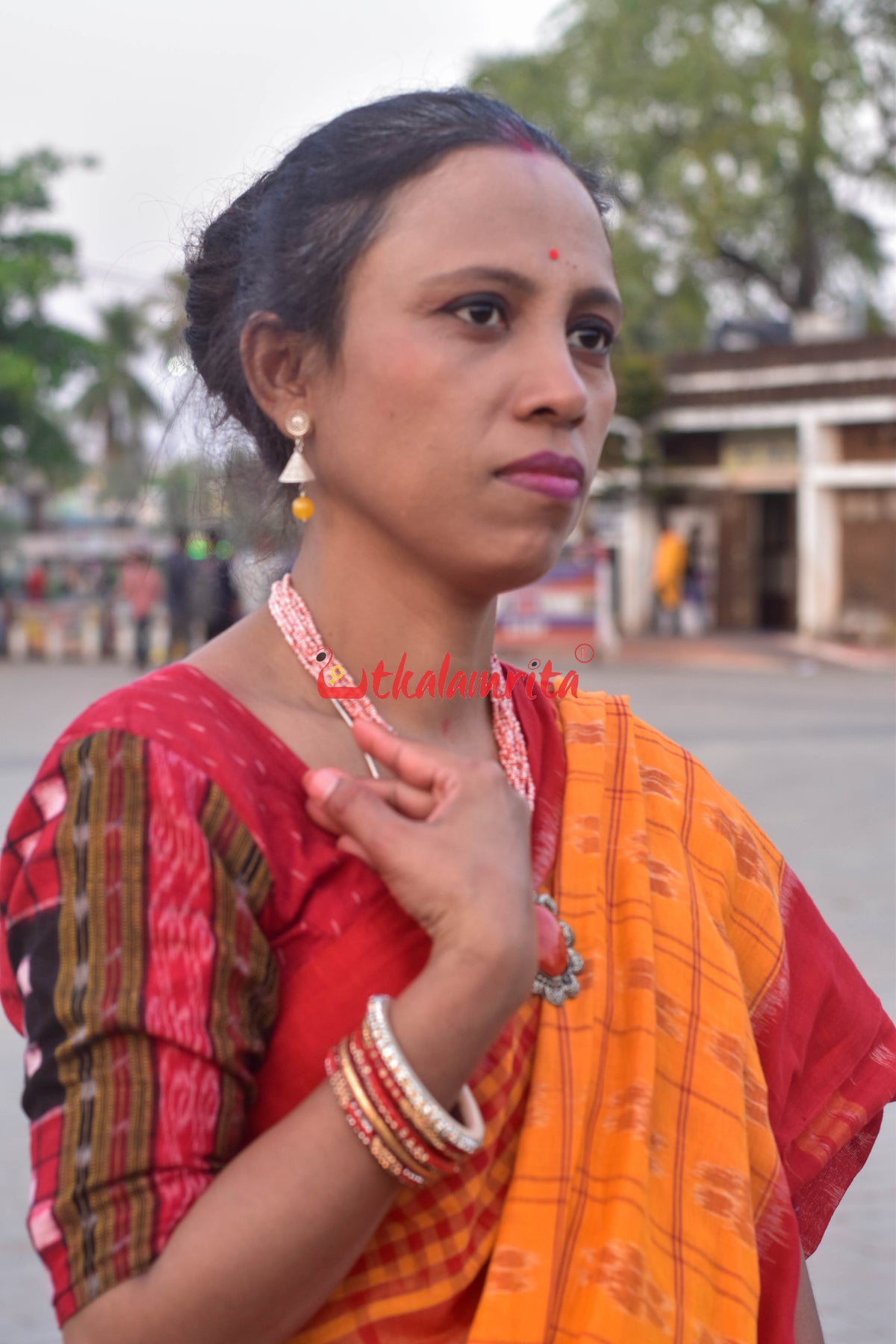 Half Half Yellow Red Checks Saree