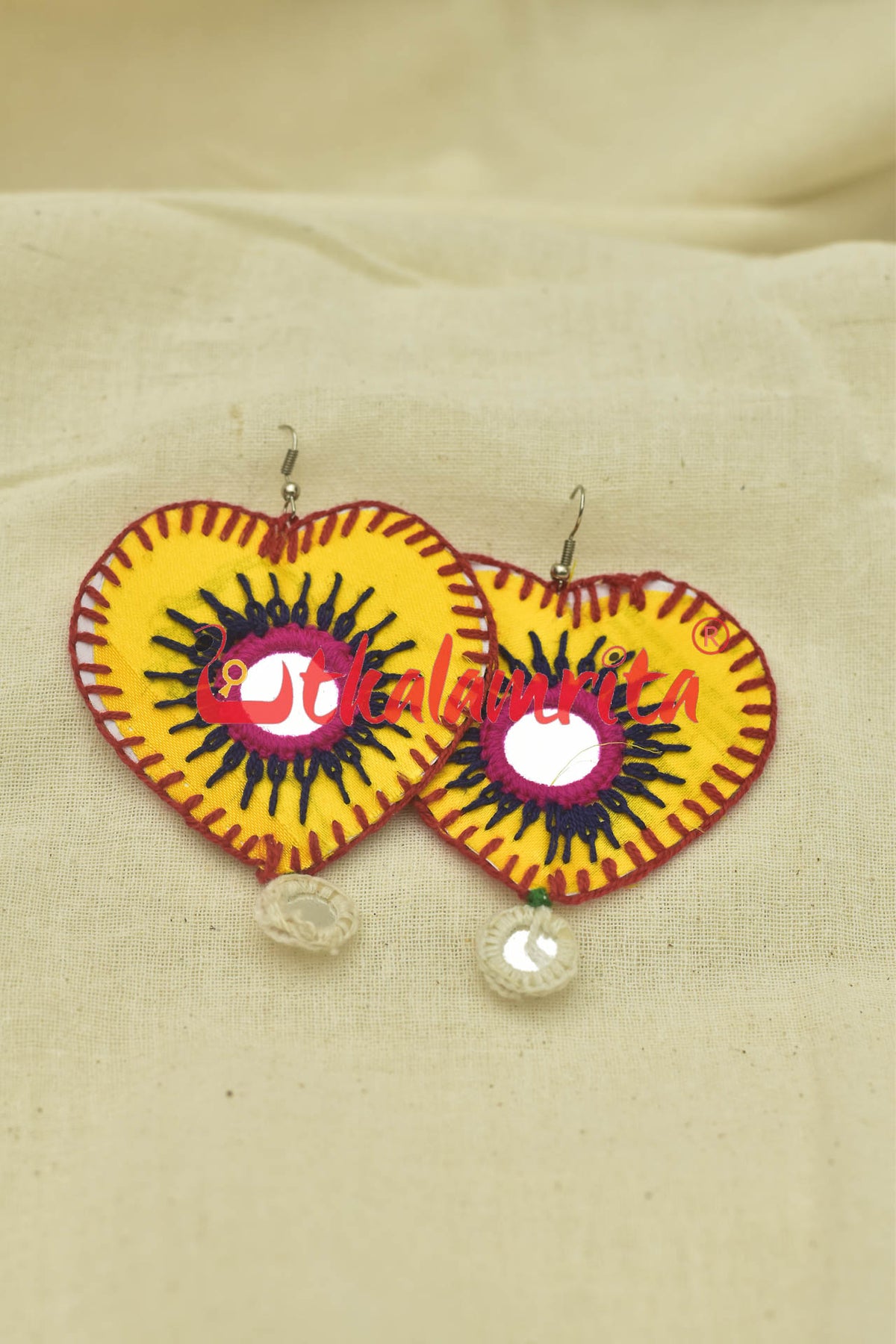 Yellow Hearts Single Mirrors (Pipli applique danglers)