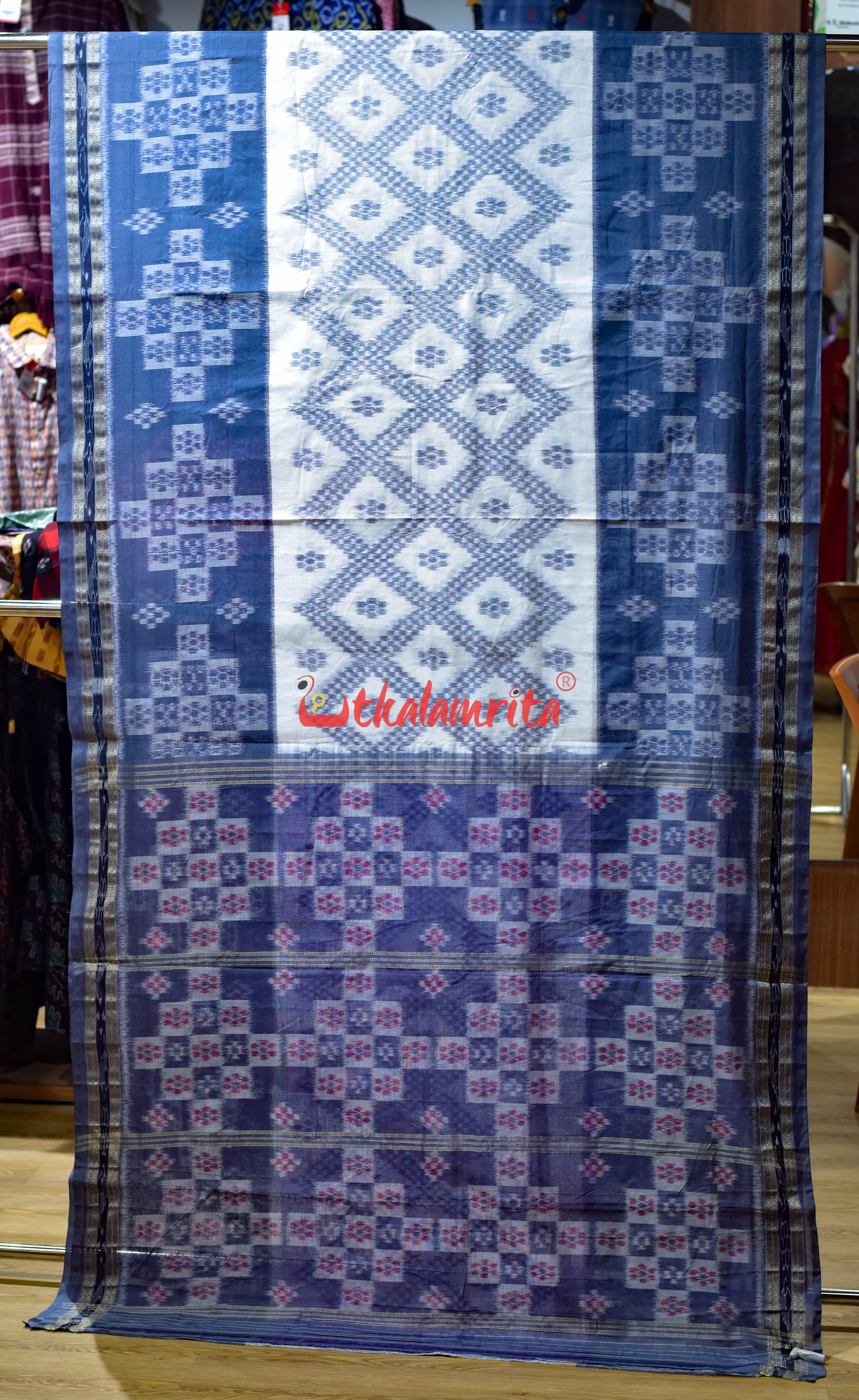 White Grey Bada Phula Khandua Cotton Saree