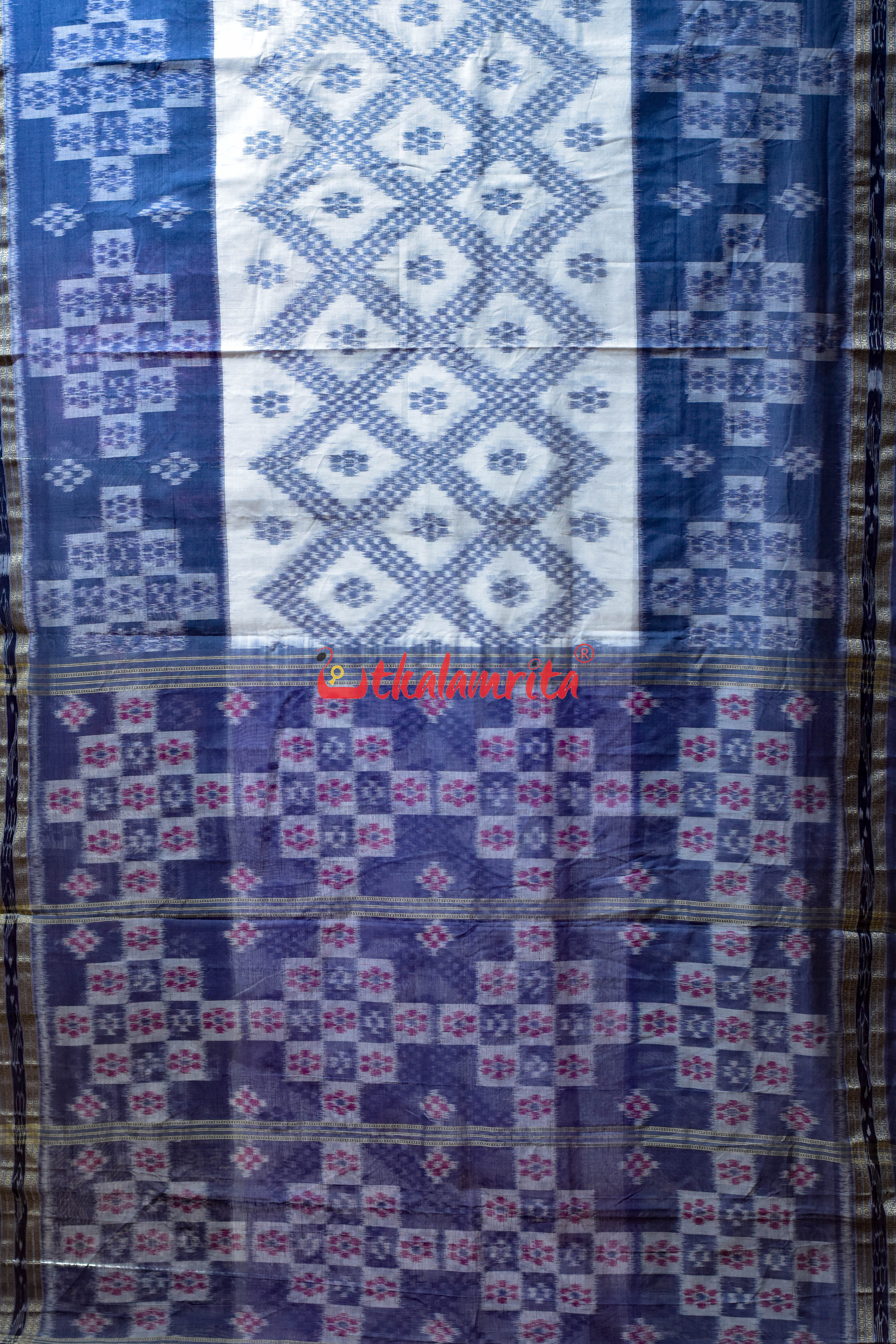 White Grey Bada Phula Khandua Cotton Saree