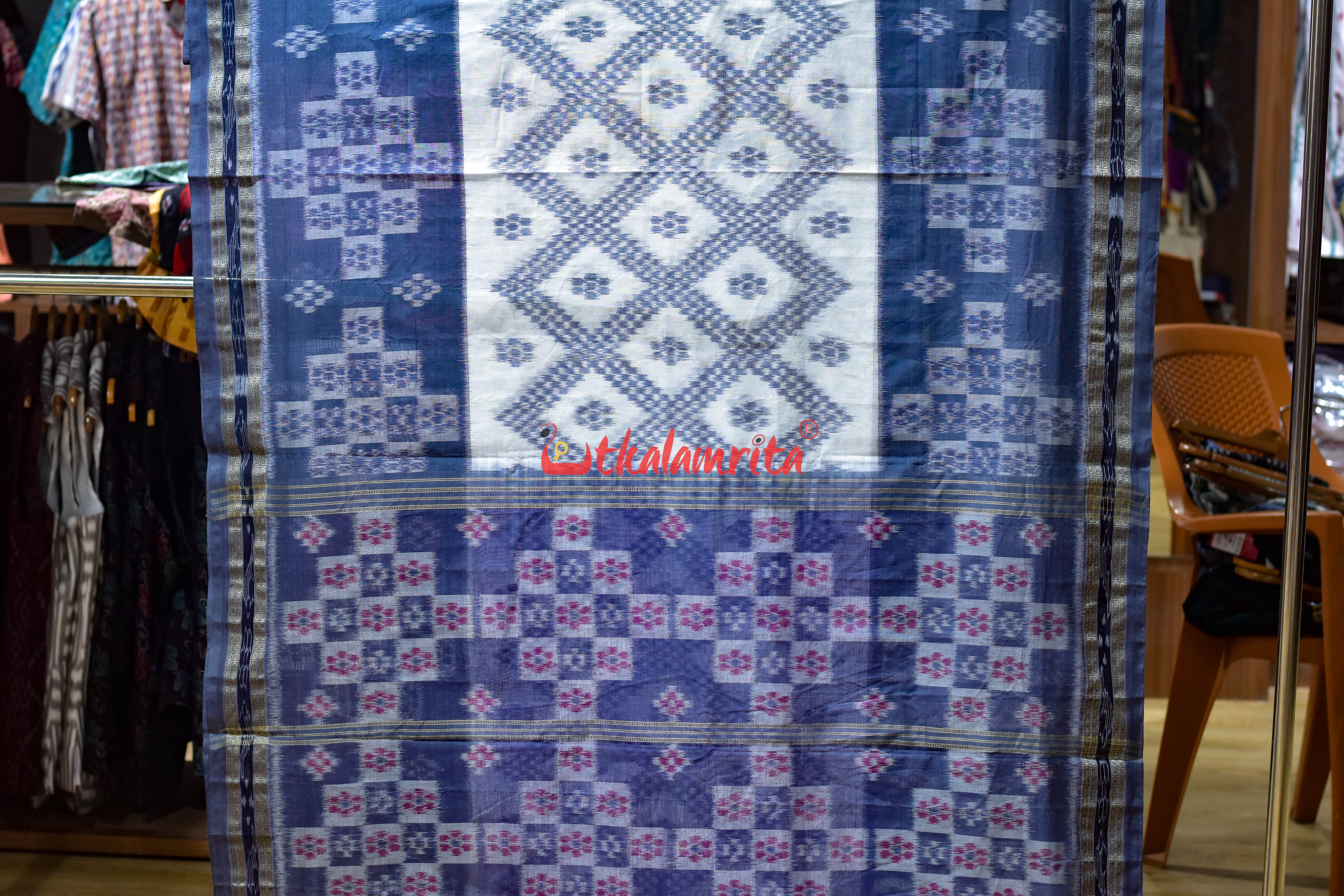 White Grey Bada Phula Khandua Cotton Saree