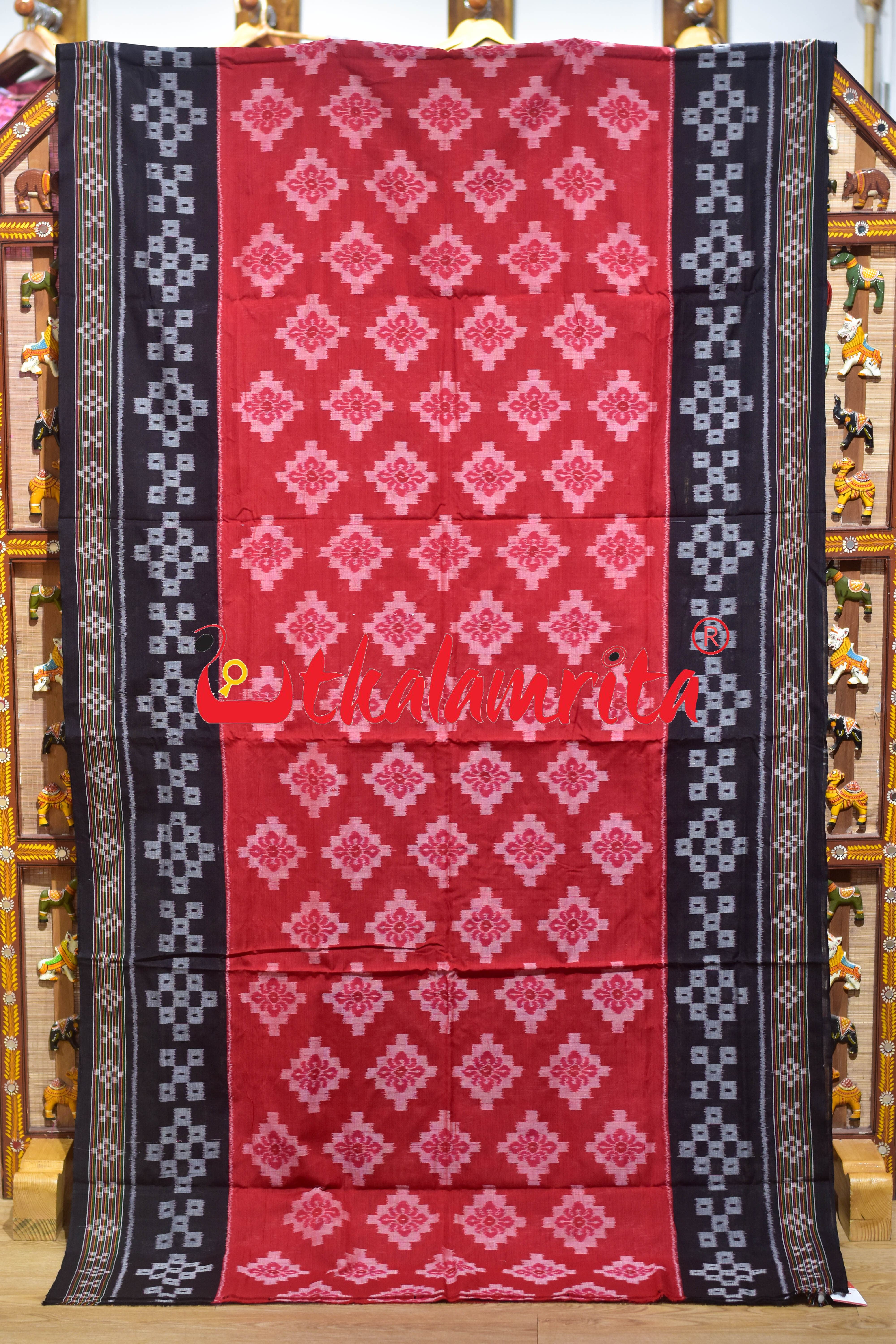 Red Black Pasapali Scot Khandua Cotton Saree
