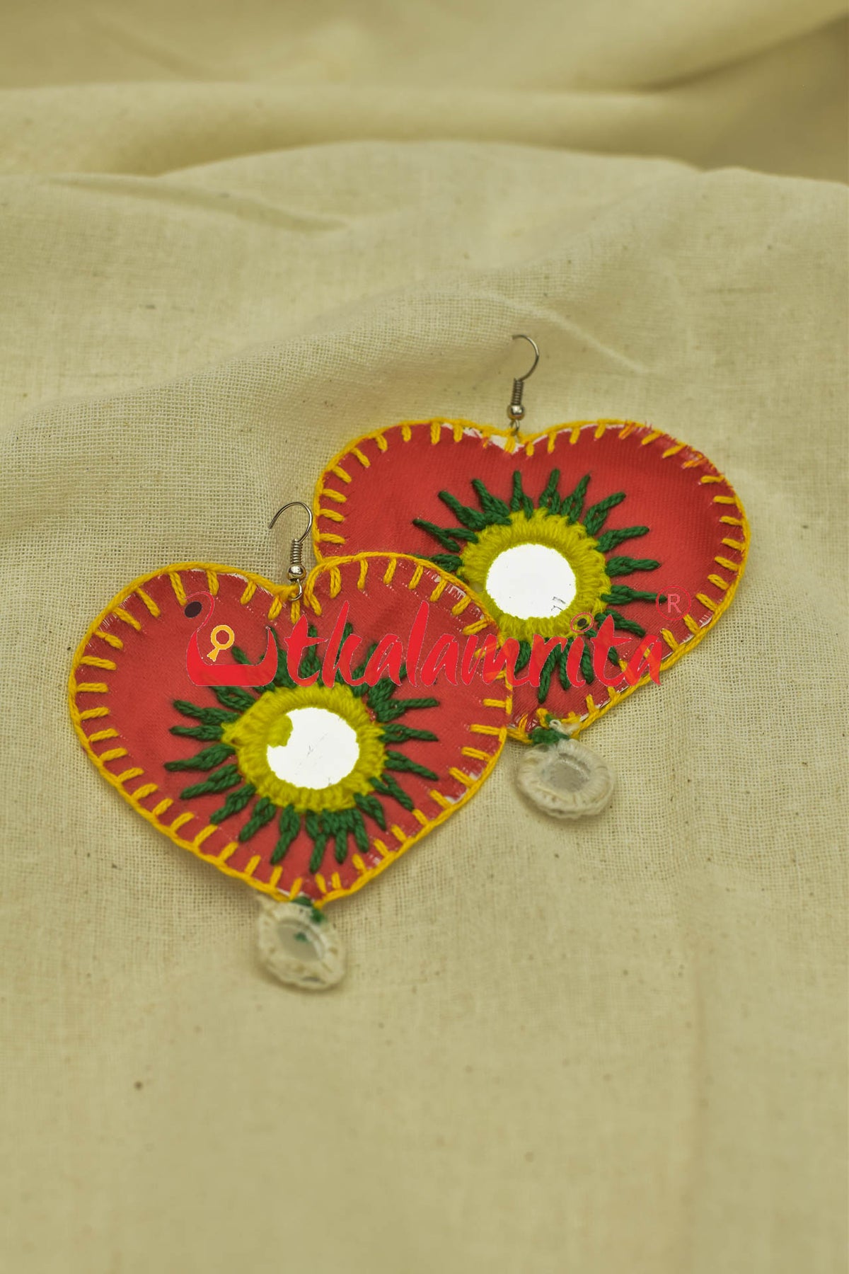 Red Hearts Single Mirrors (Pipli applique danglers)