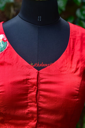 Red Fish Bandha Border Dancer Silk (Blouse Piece)
