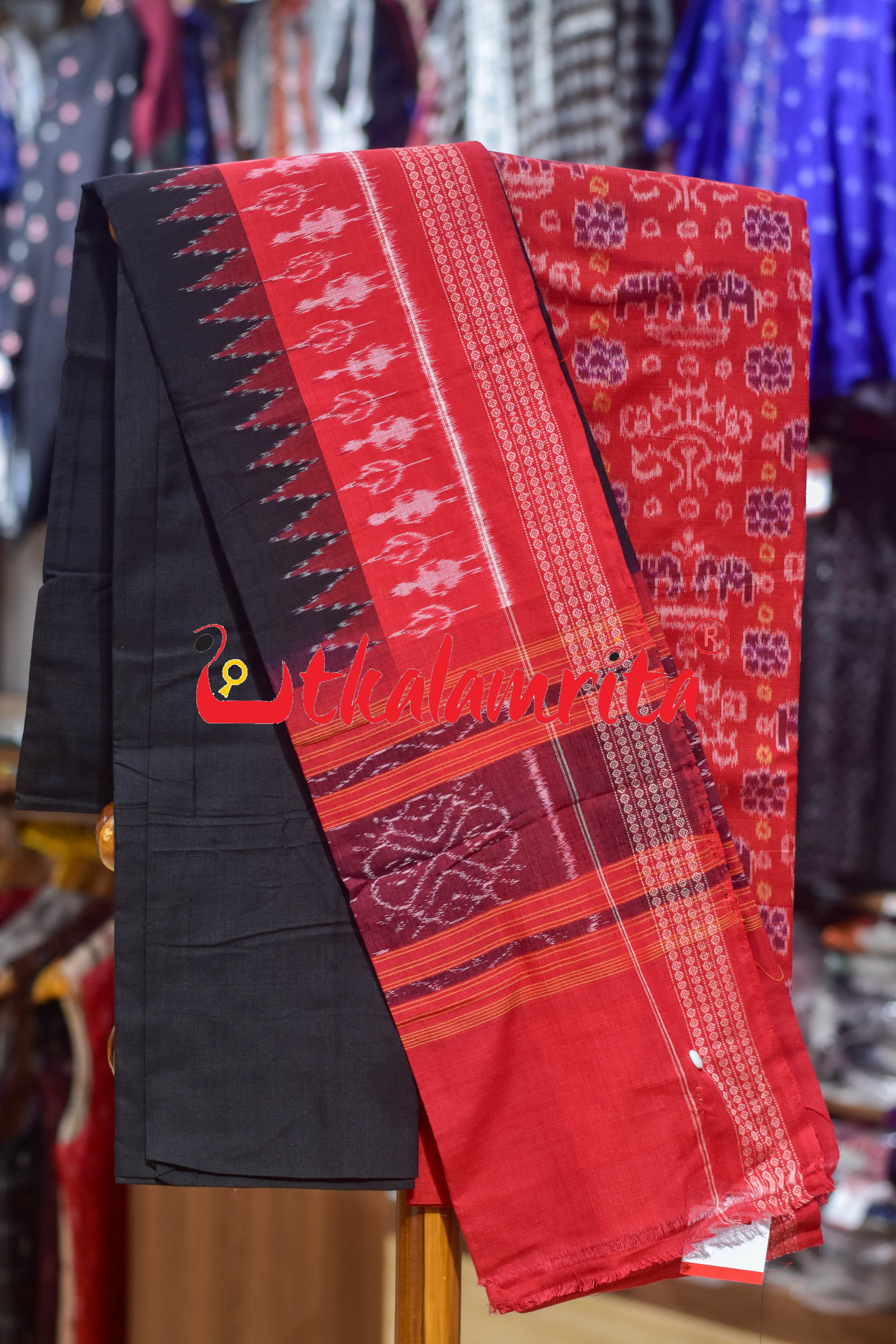 Red Black Double Elephant Sambalpuri Cotton Dress Set