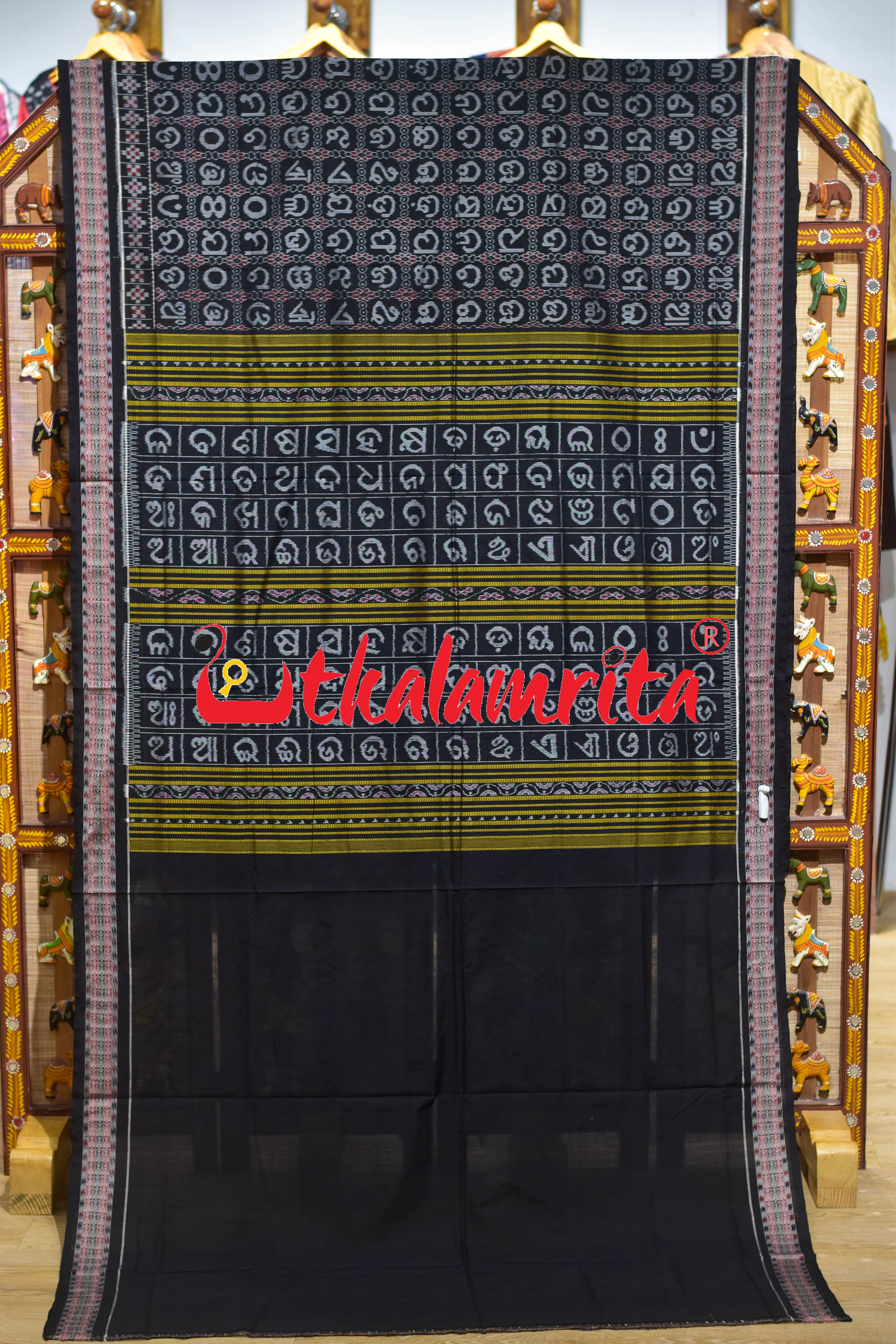 Silver Odia Alphabets On Black Sambalpuri Cotton Saree