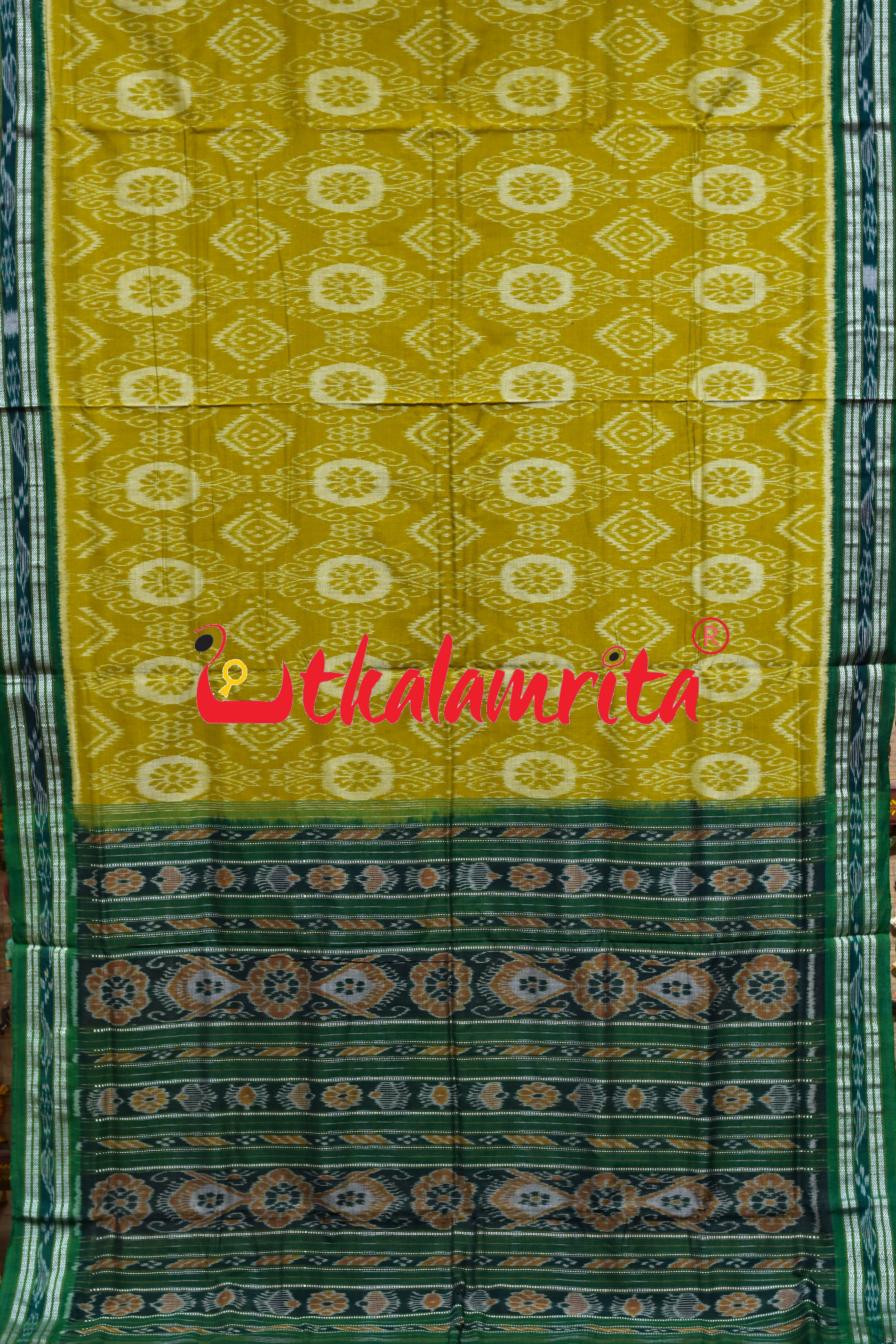 Janhiphuliya Green Flower Khandua Cotton Saree