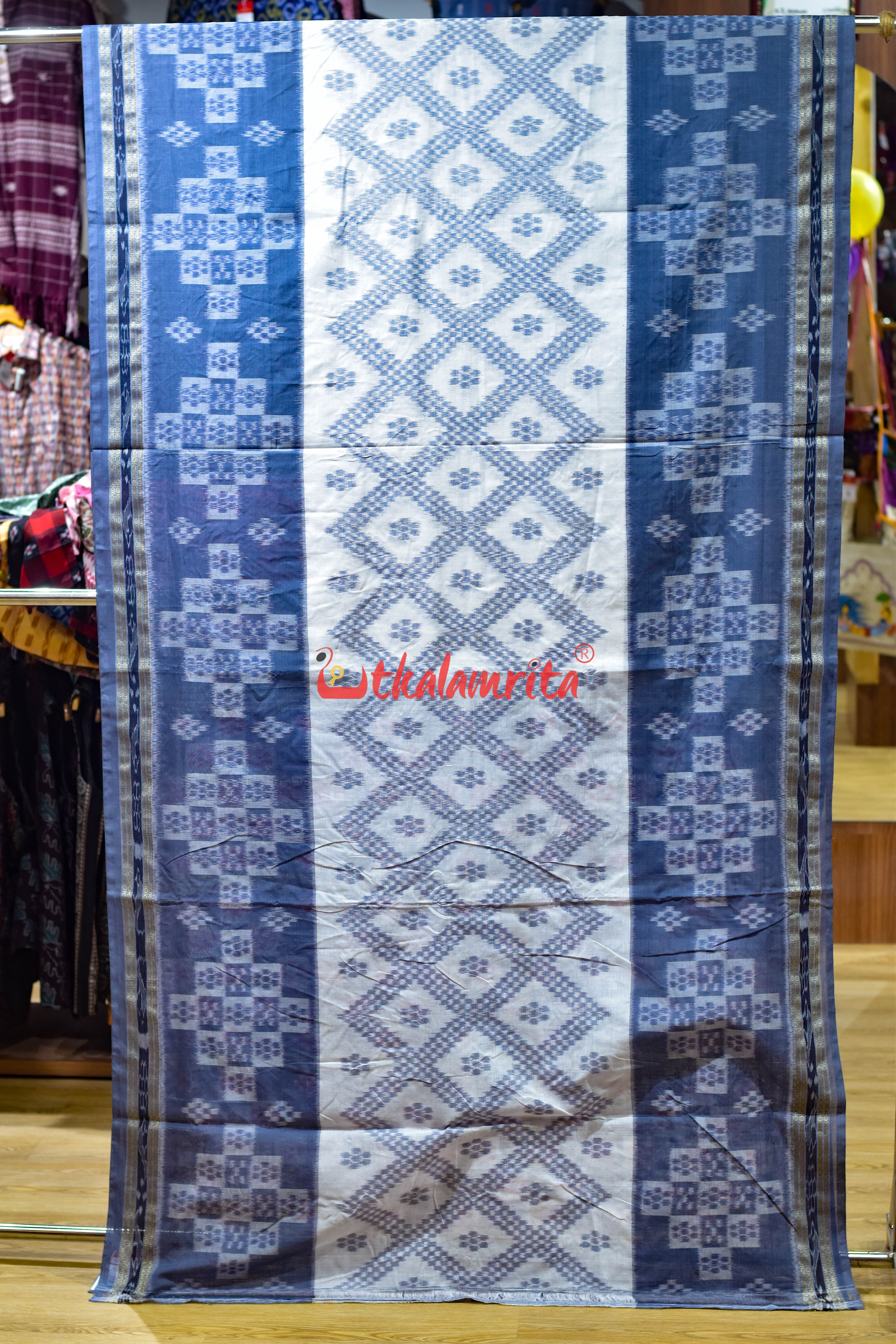 White Grey Bada Phula Khandua Cotton Saree