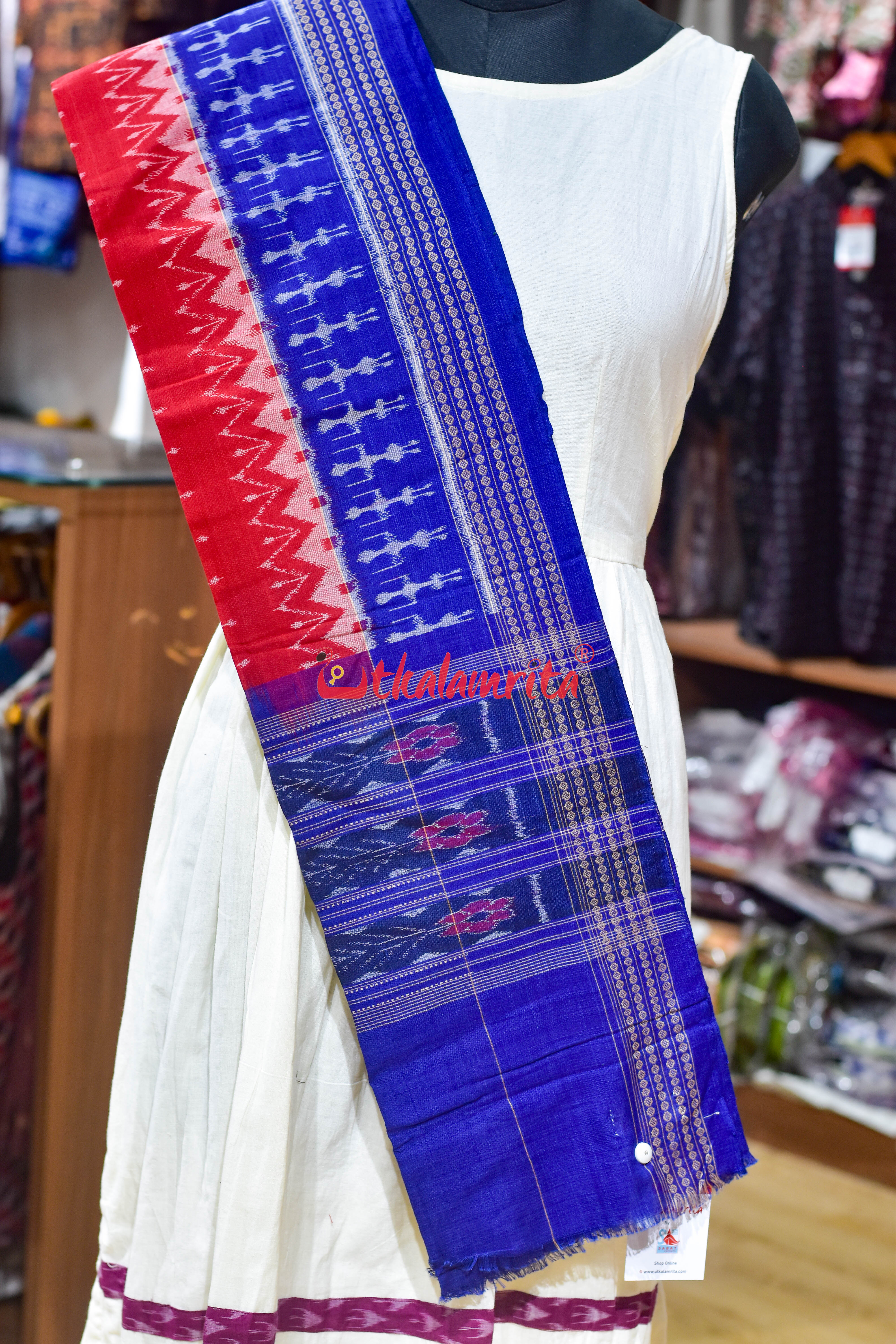 Red with Blue Tribal Border Cotton (Dupatta)
