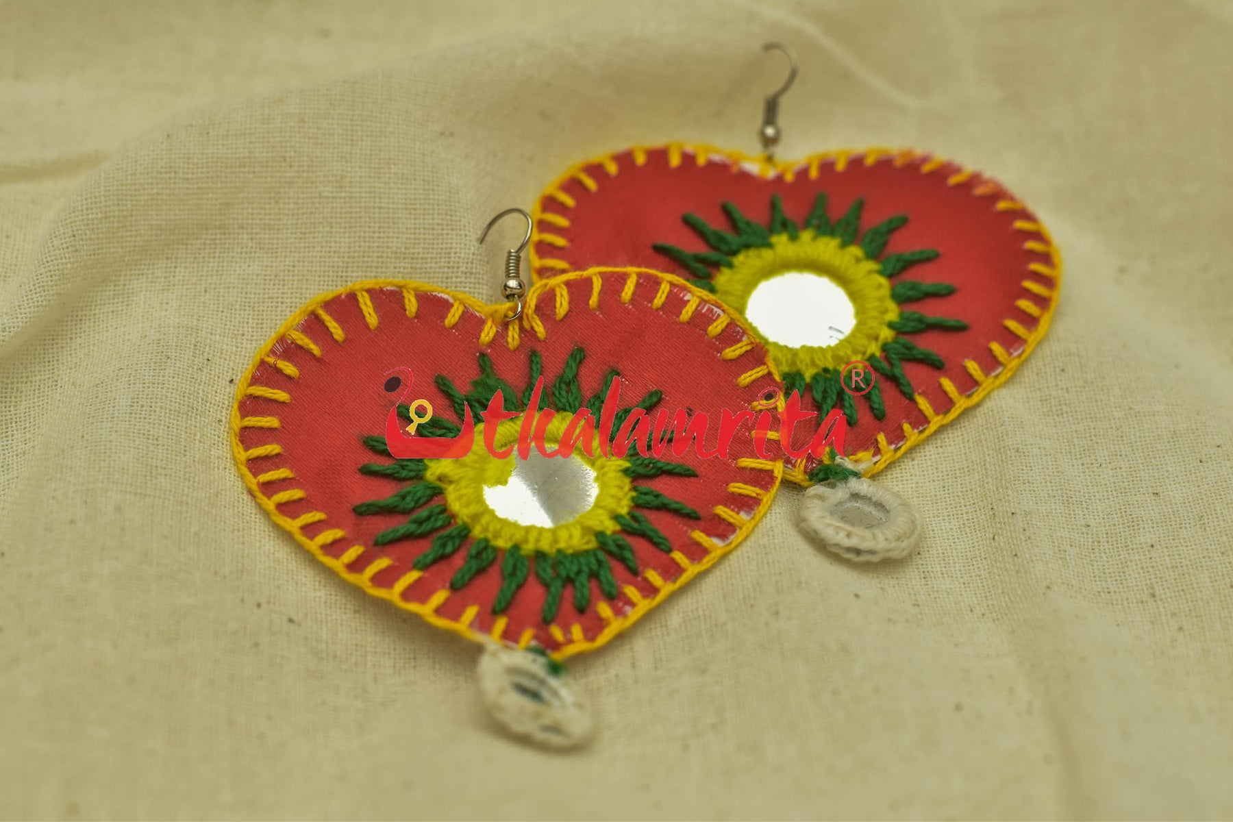 Red Hearts Single Mirrors (Pipli applique danglers)