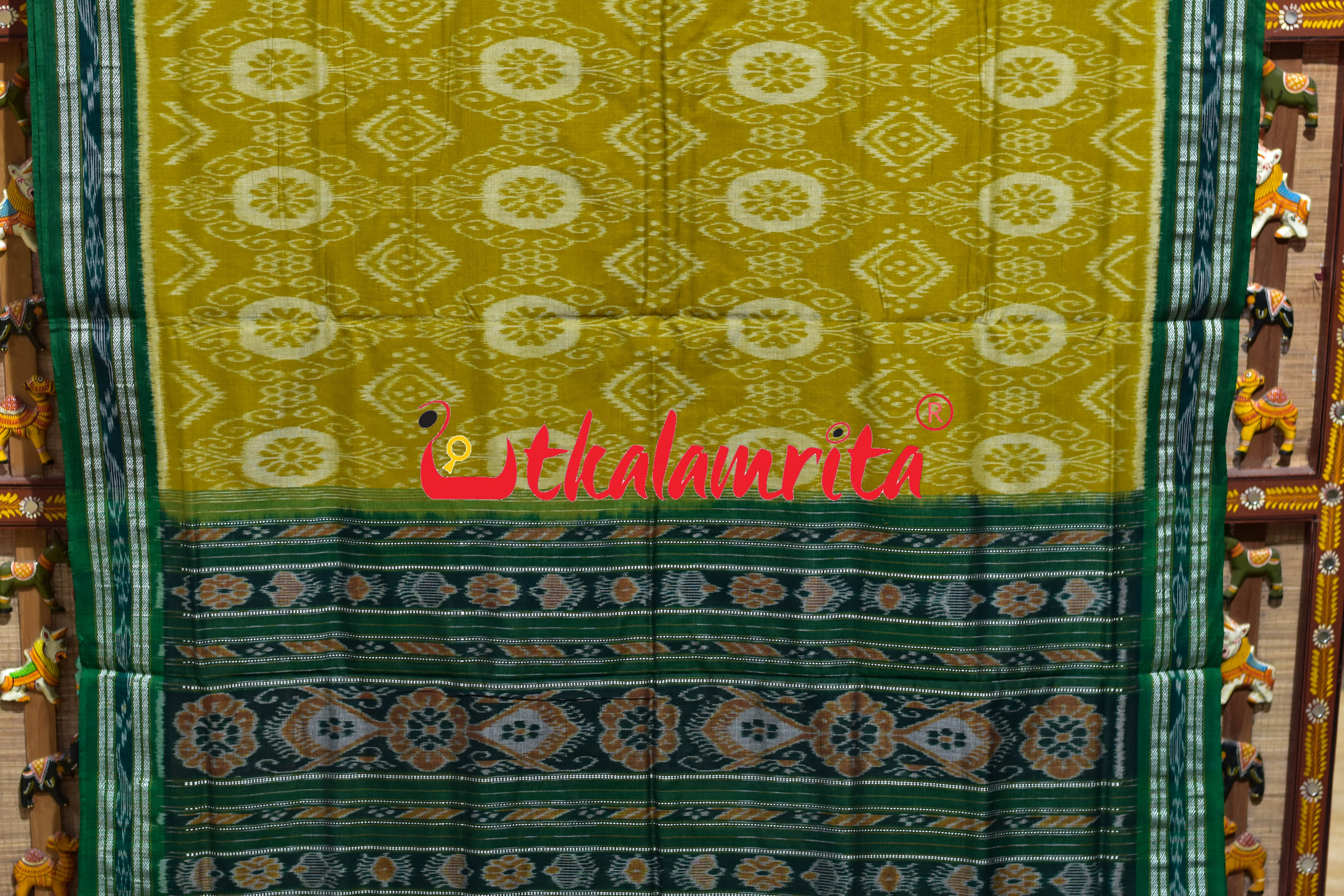 Janhiphuliya Green Flower Khandua Cotton Saree
