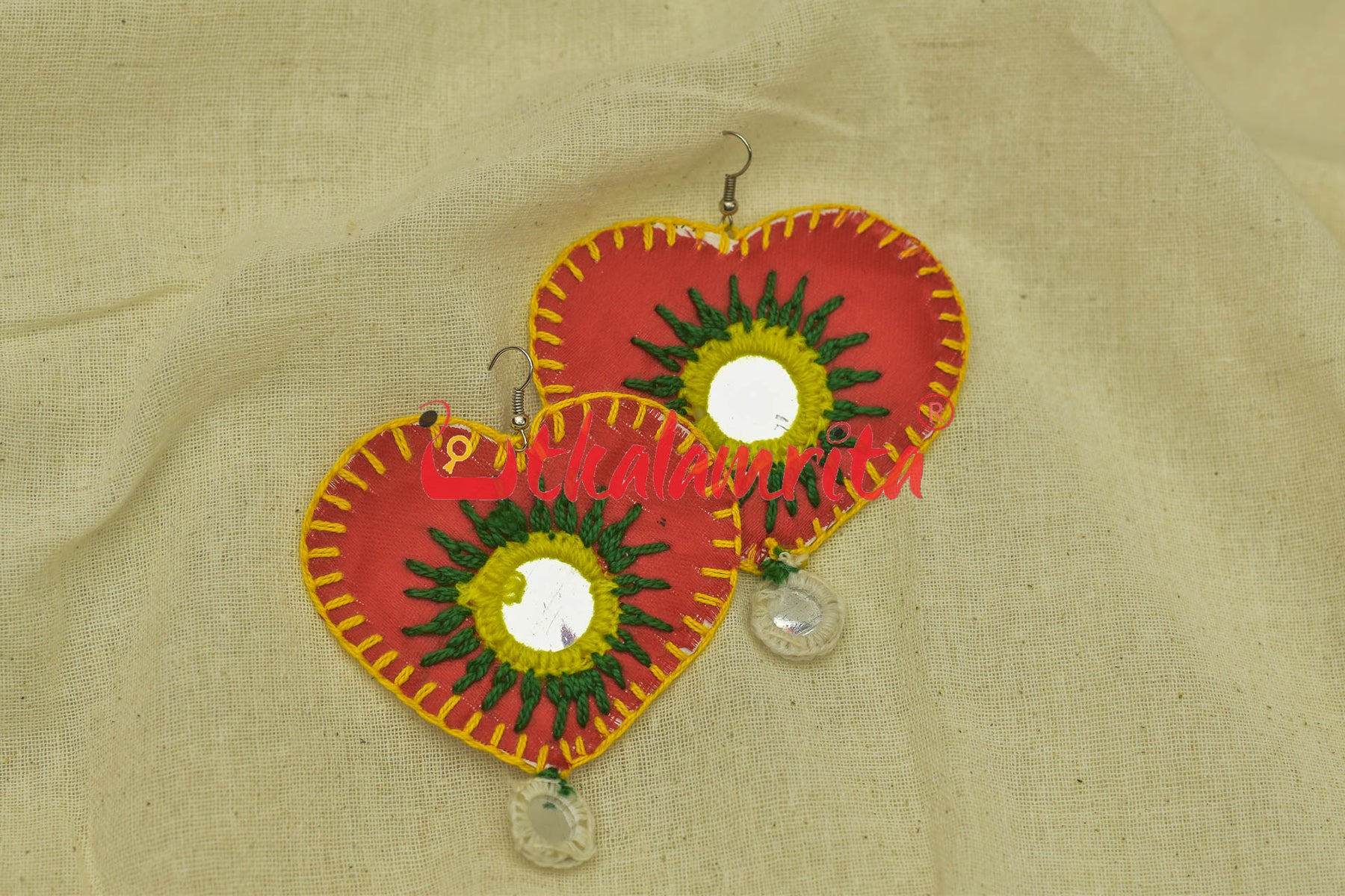 Red Hearts Single Mirrors (Pipli applique danglers)