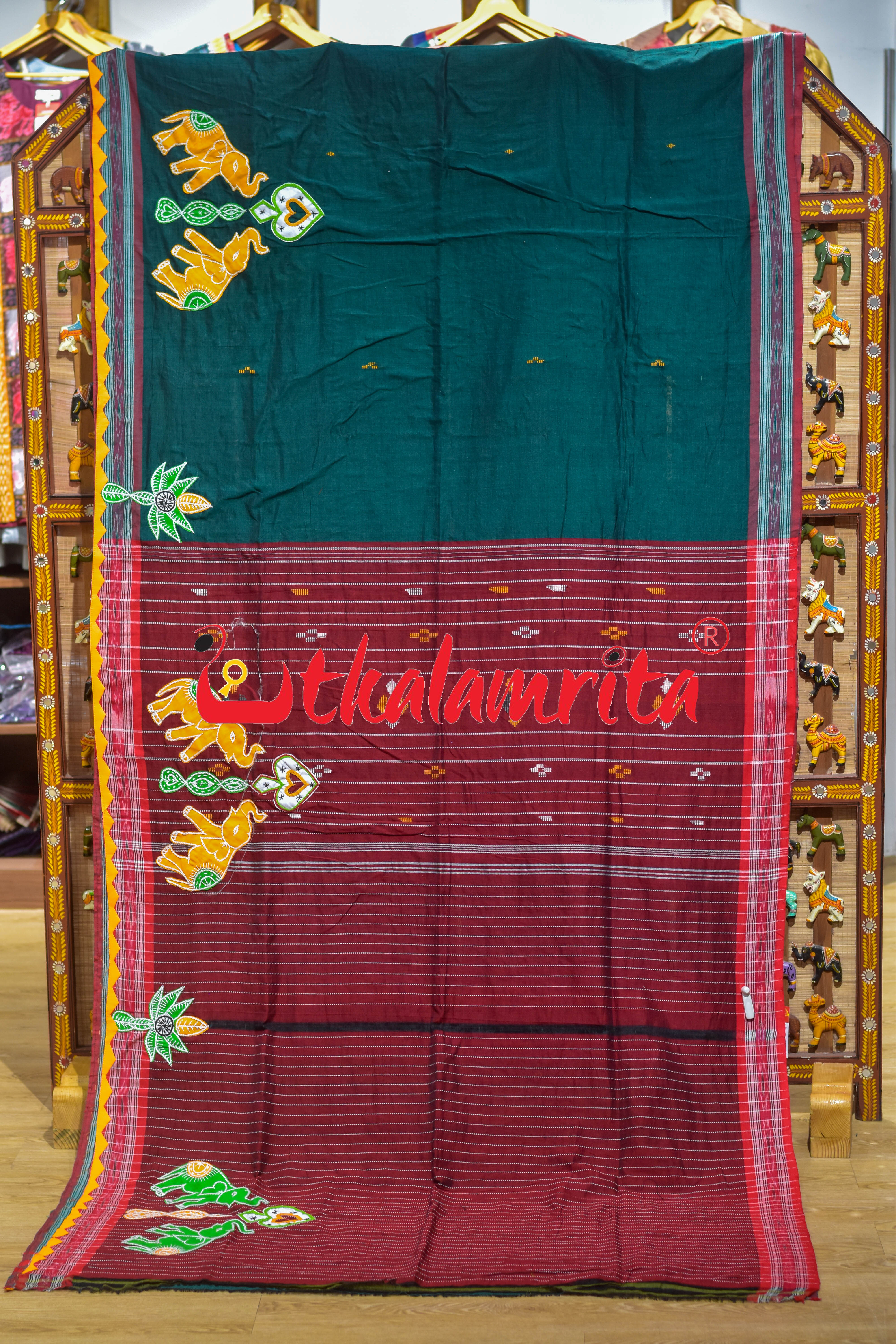 Green Applique Work Designer Cotton Saree