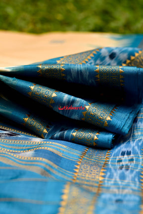 Cream Blue Buti Khandua Silk Saree