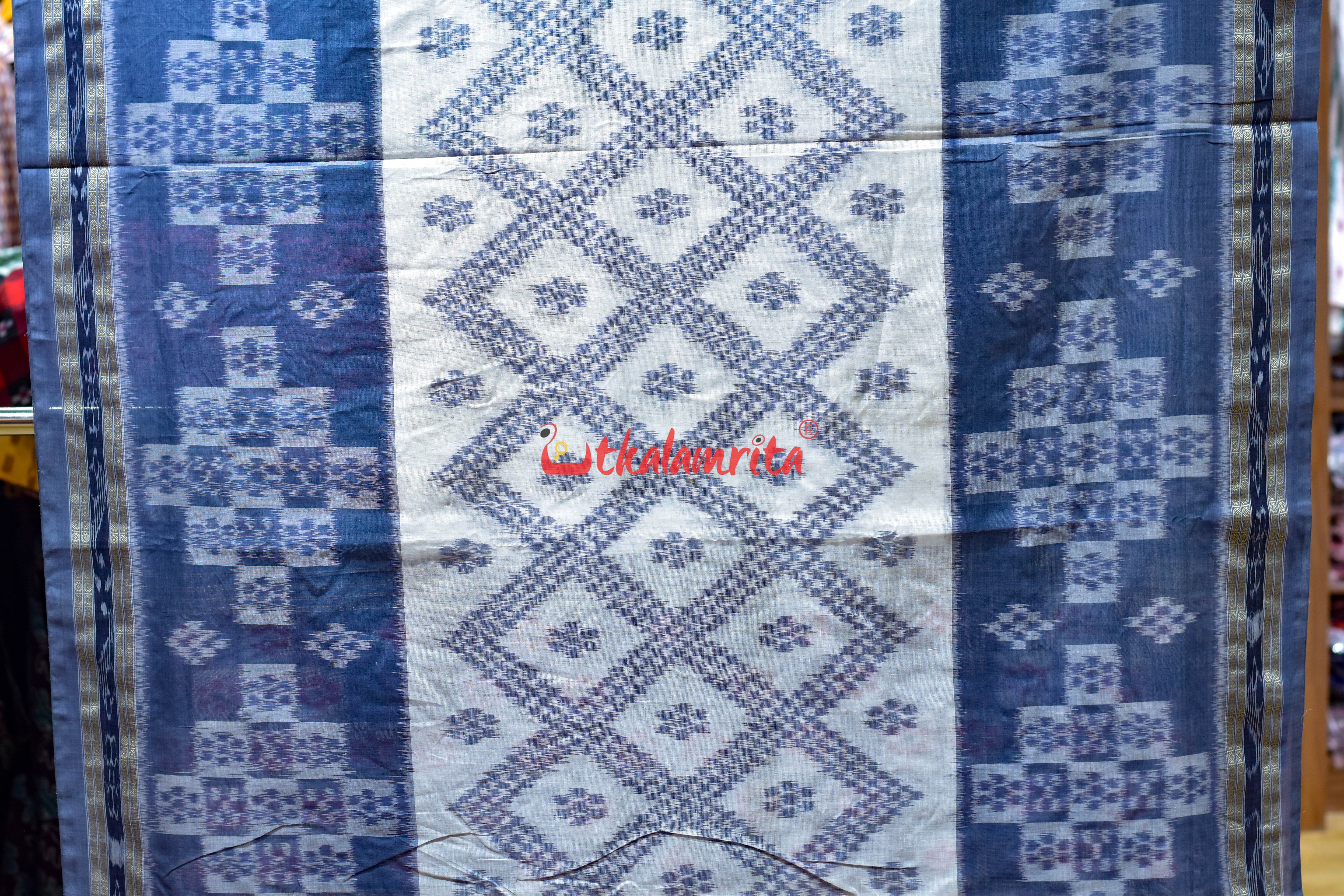 White Grey Bada Phula Khandua Cotton Saree