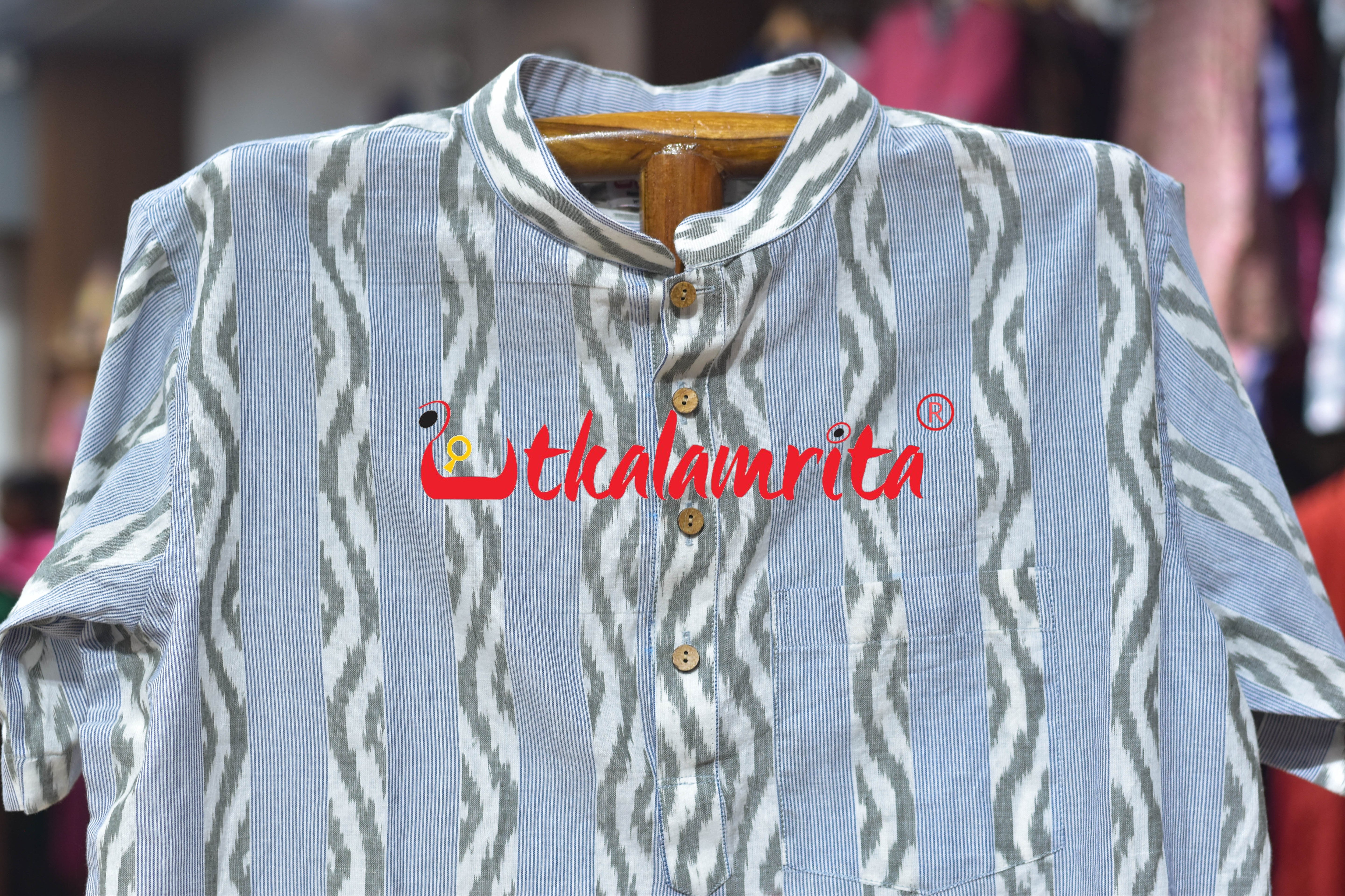 White Blue Lahari Lines (Men's Short Kurta)