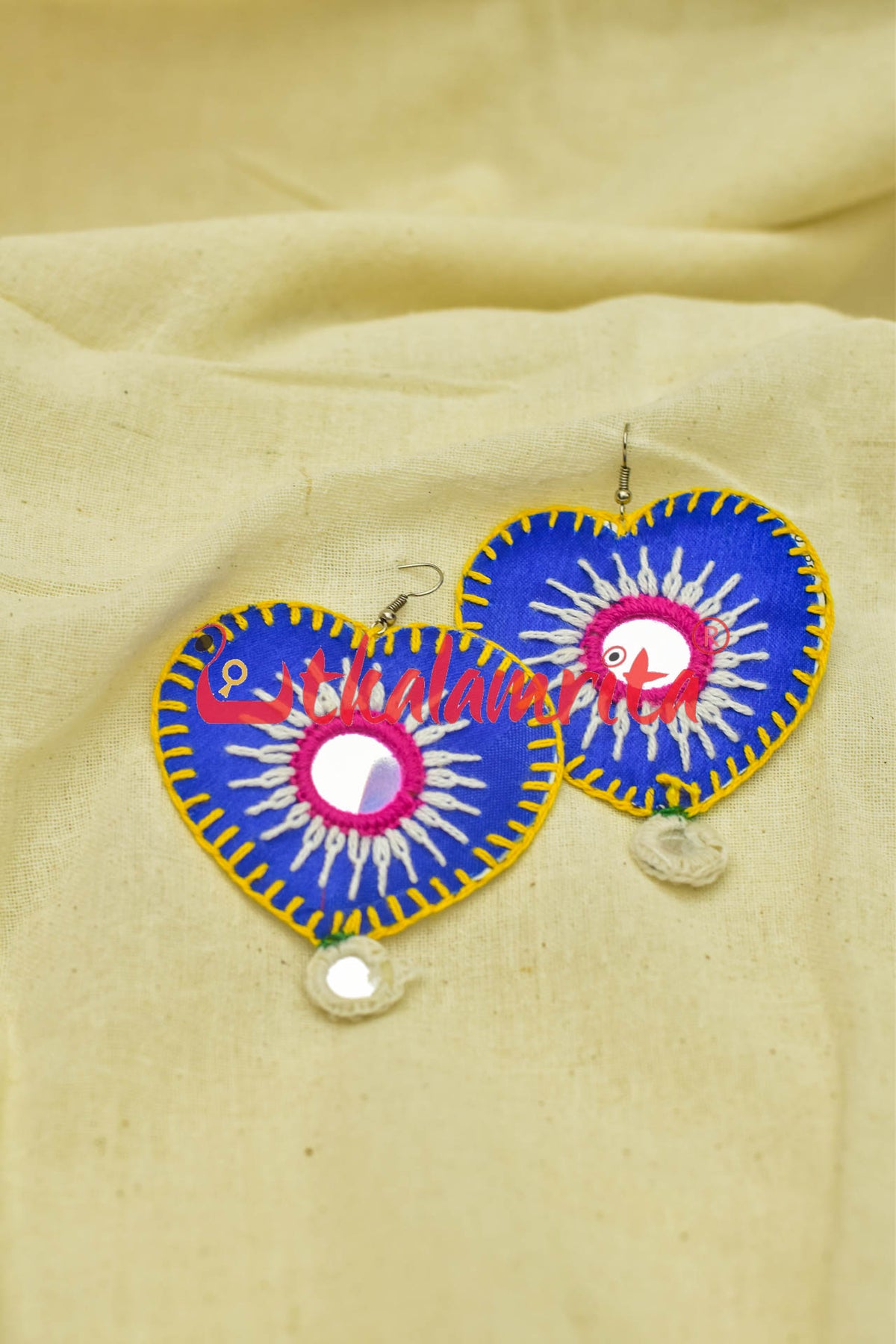 Blue Hearts Single Mirrors (Pipli applique danglers)