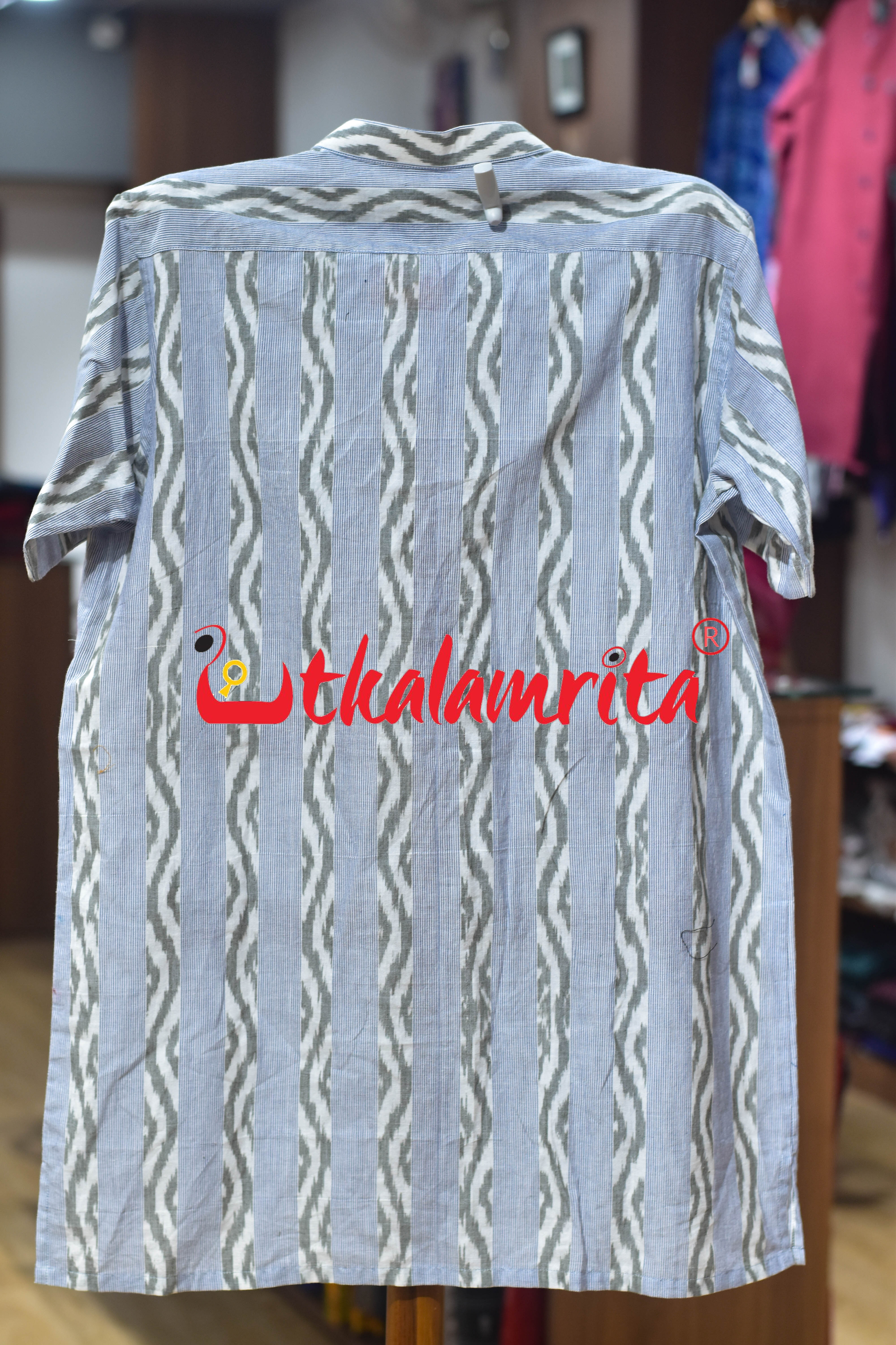 White Blue Lahari Lines (Men's Short Kurta)