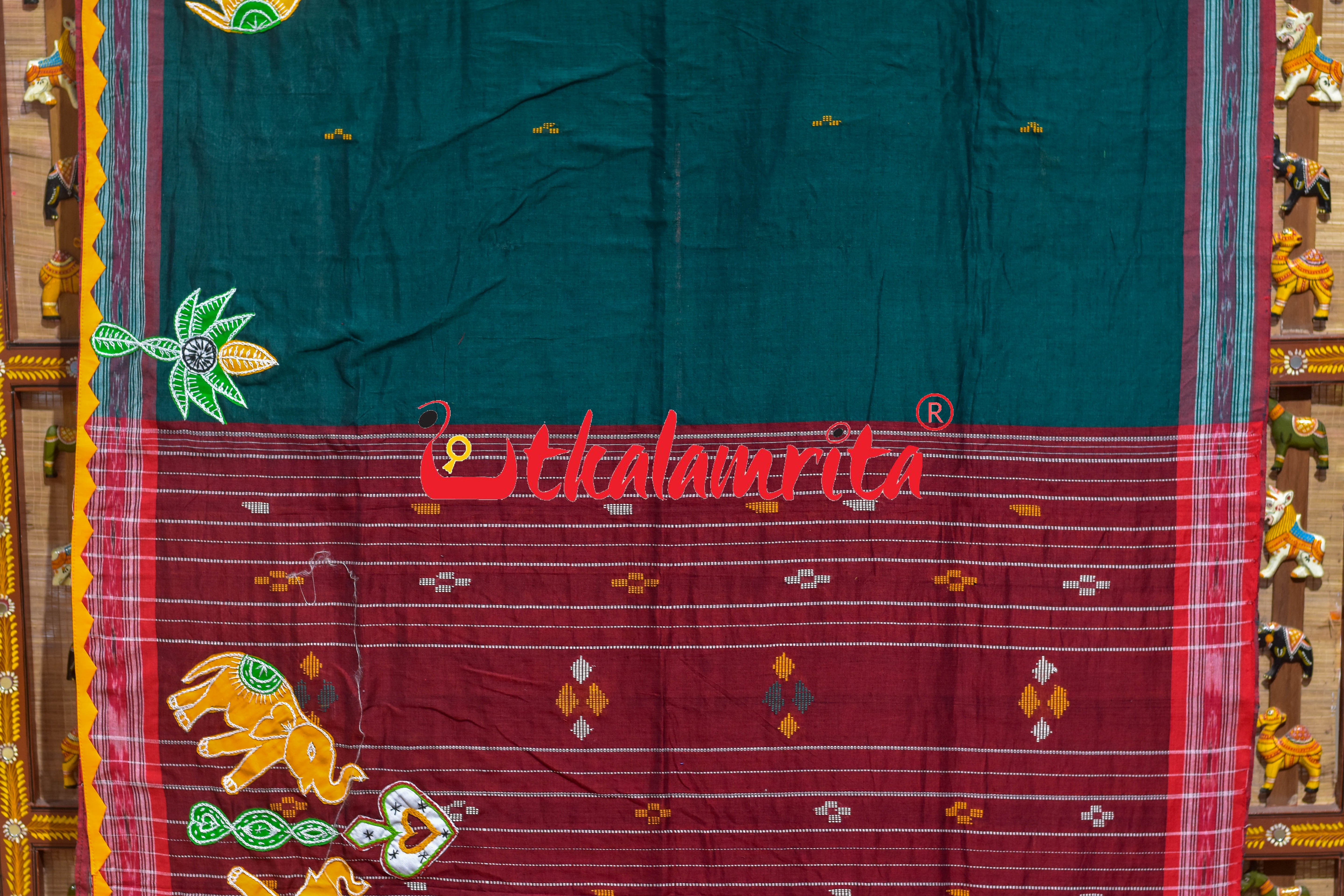 Green Applique Work Designer Cotton Saree