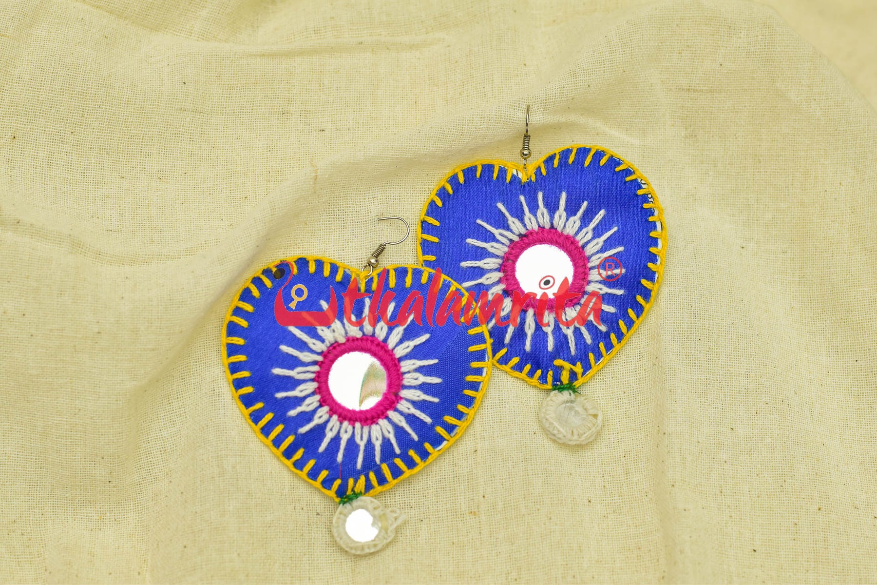 Blue Hearts Single Mirrors (Pipli applique danglers)