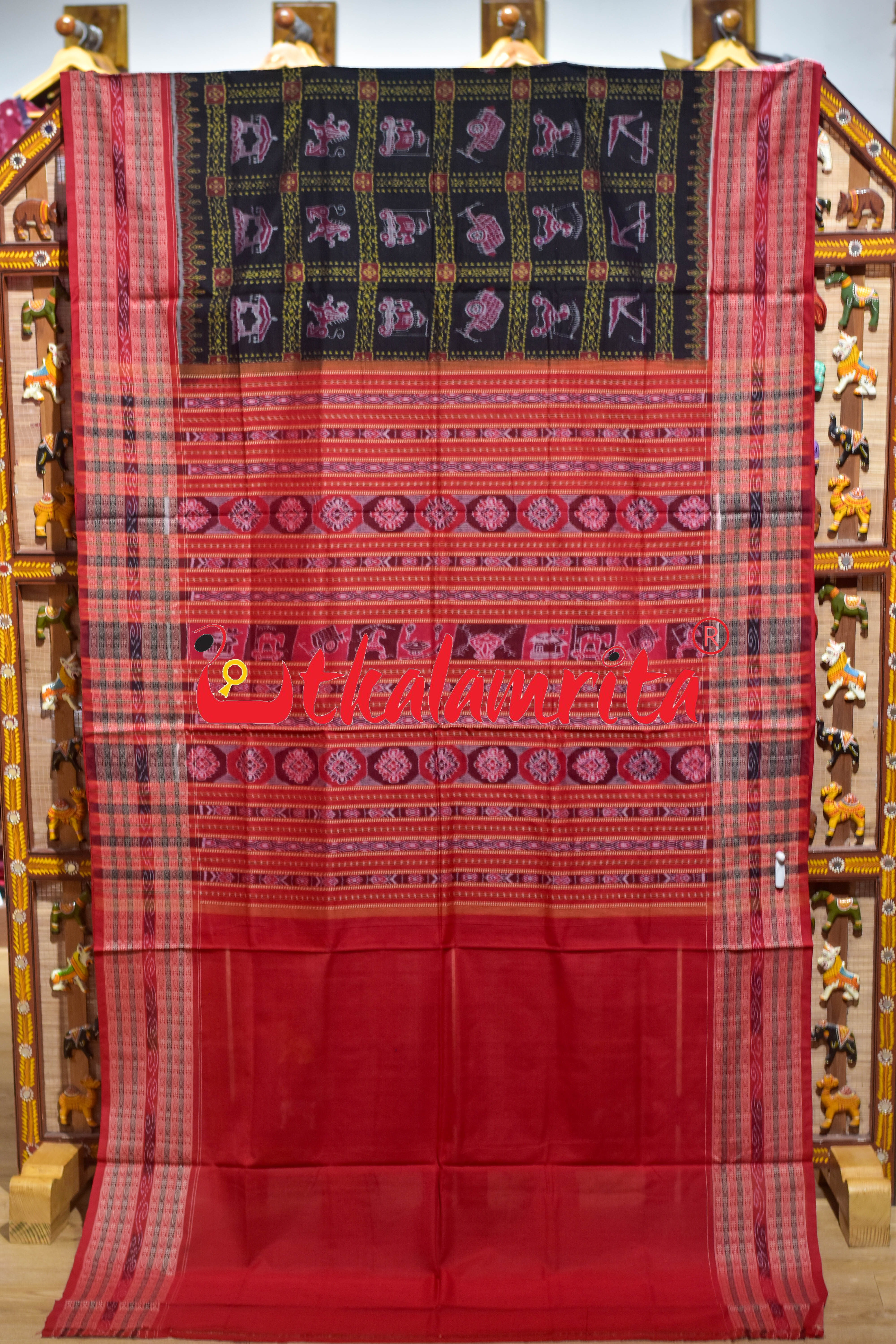 Black Red Uansa Rani Sambalpuri Cotton Saree