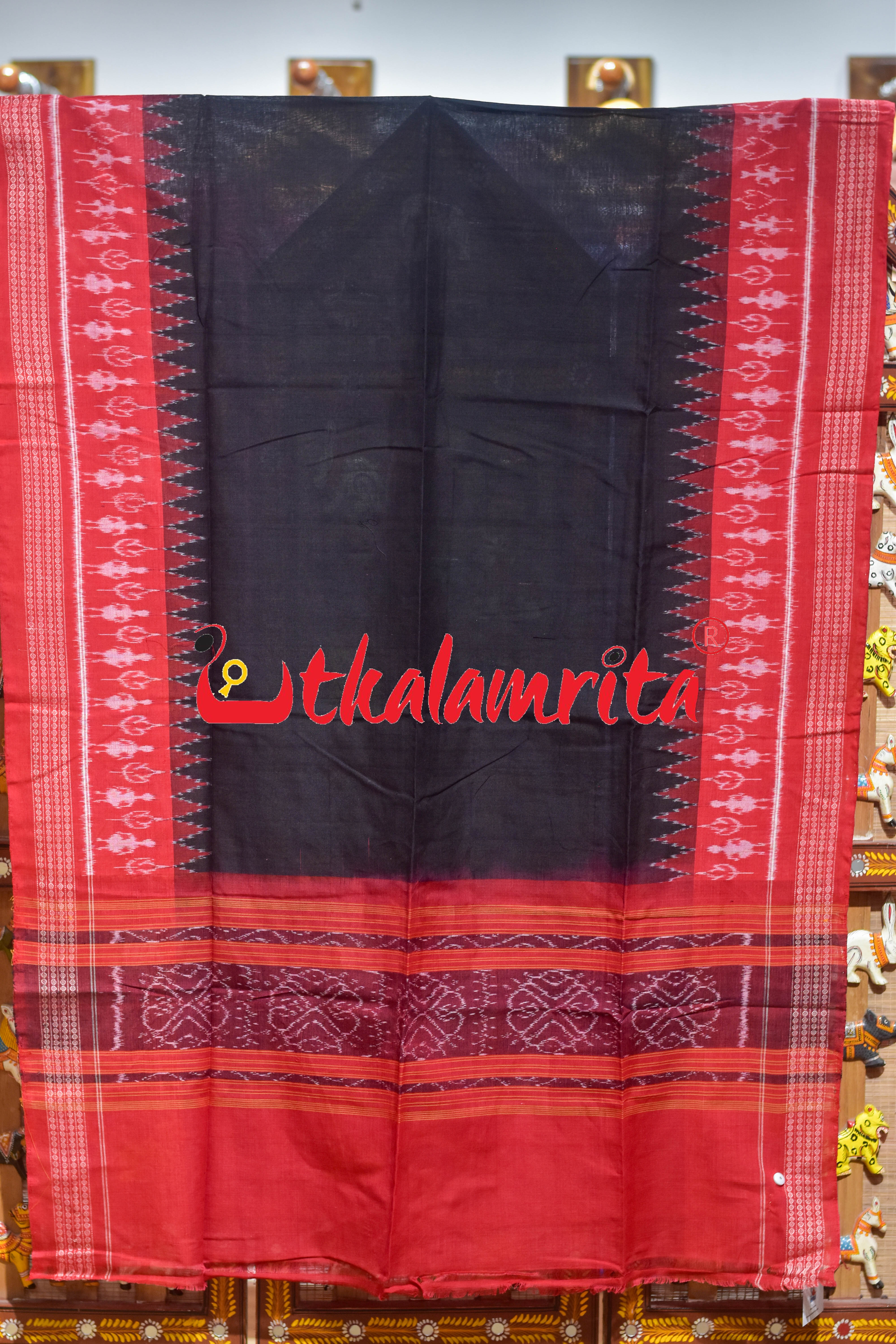 Red Black Double Elephant Sambalpuri Cotton Dress Set