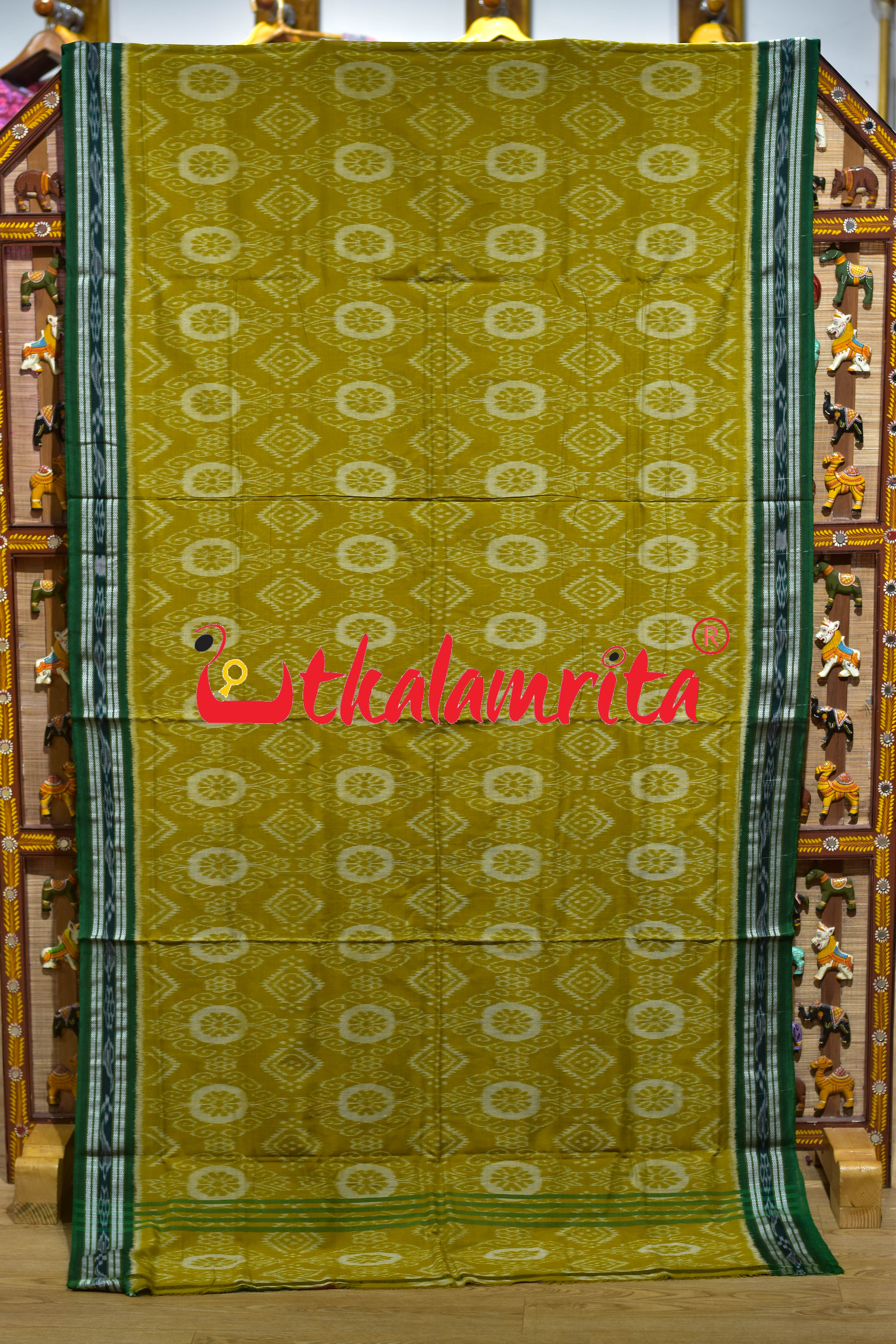 Janhiphuliya Green Flower Khandua Cotton Saree
