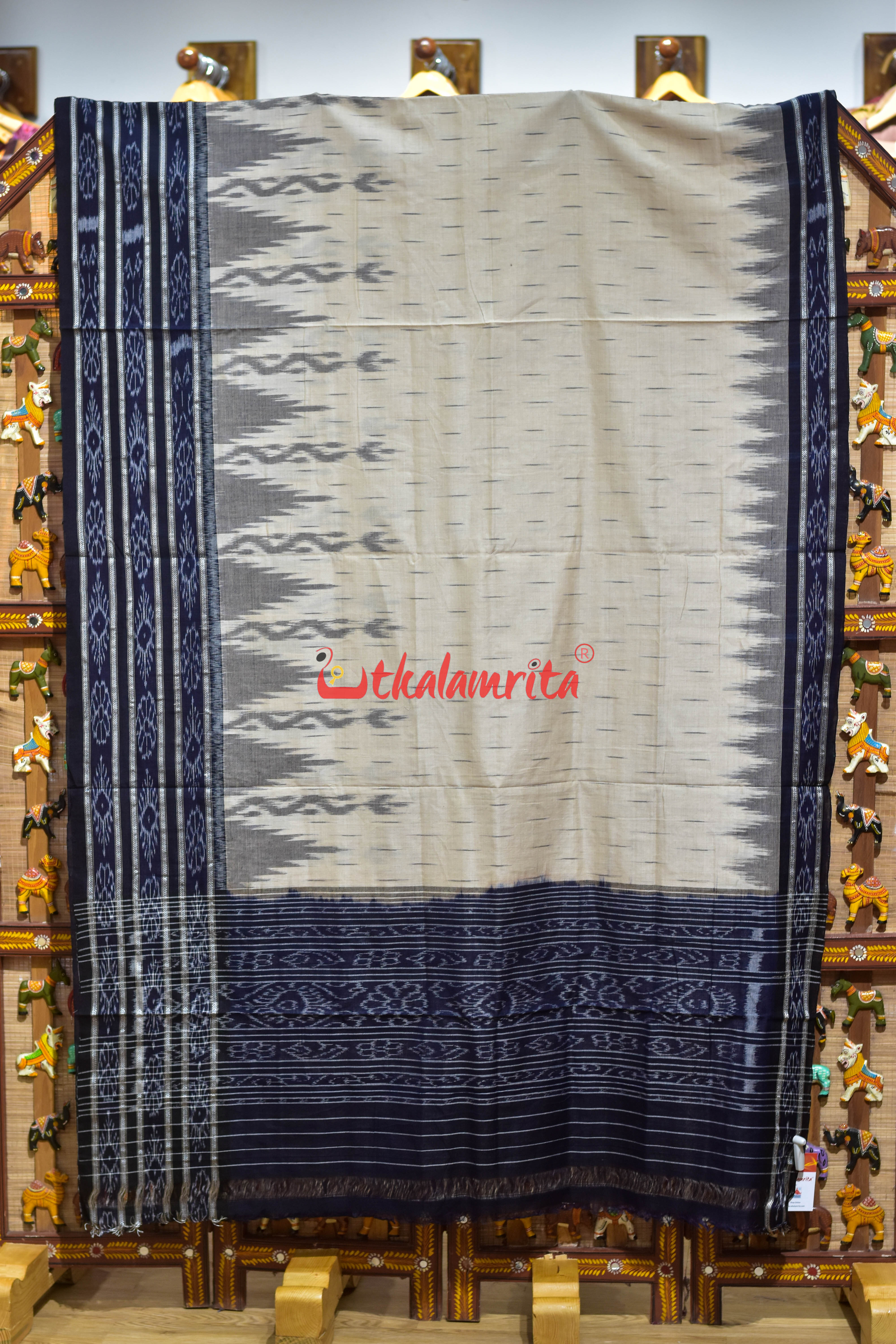 Off White Black Daali Scot Khandua Cotton Saree