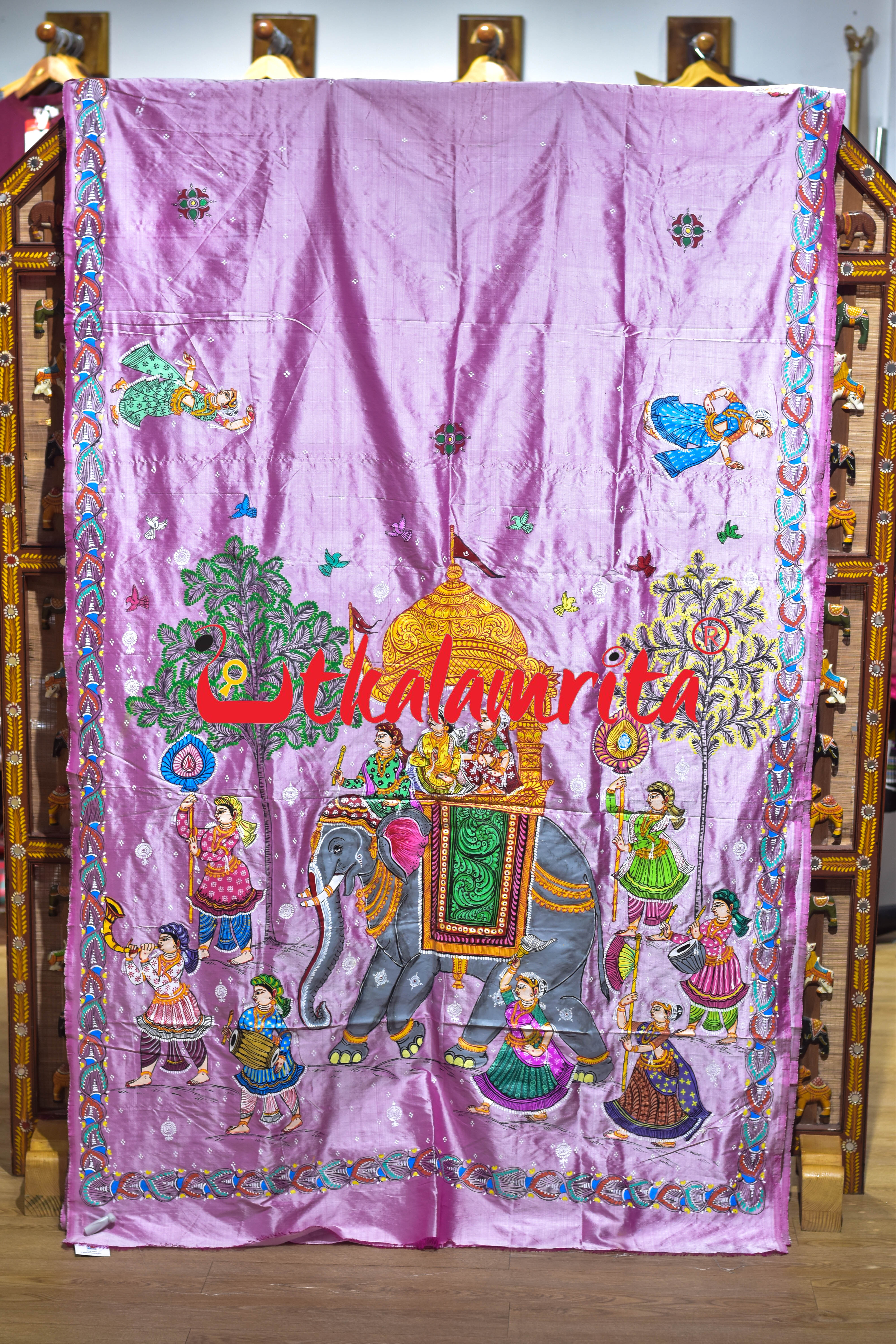 Light Pink Raja Rani on Elephant Pattachitra Silk Saree