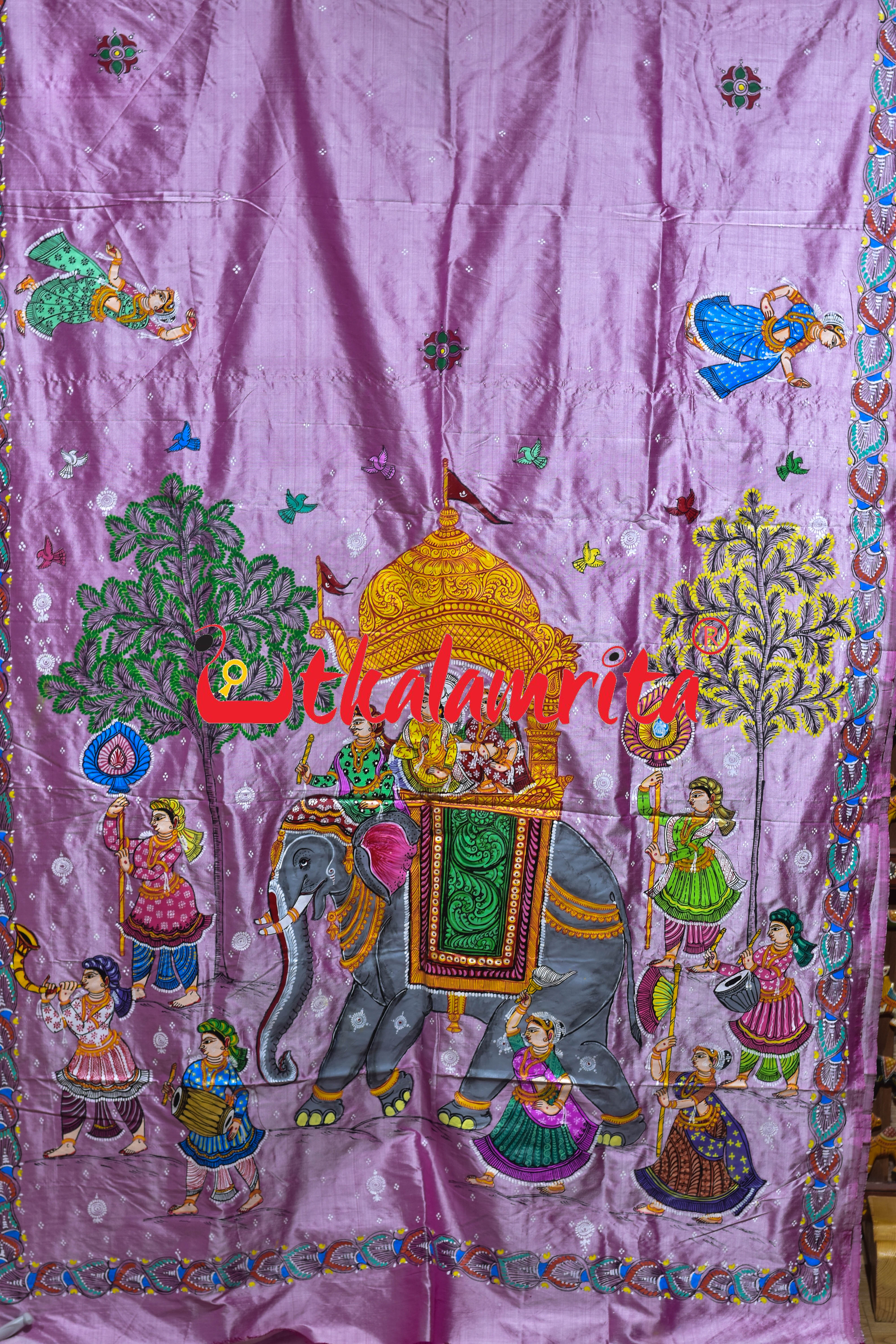Light Pink Raja Rani on Elephant Pattachitra Silk Saree