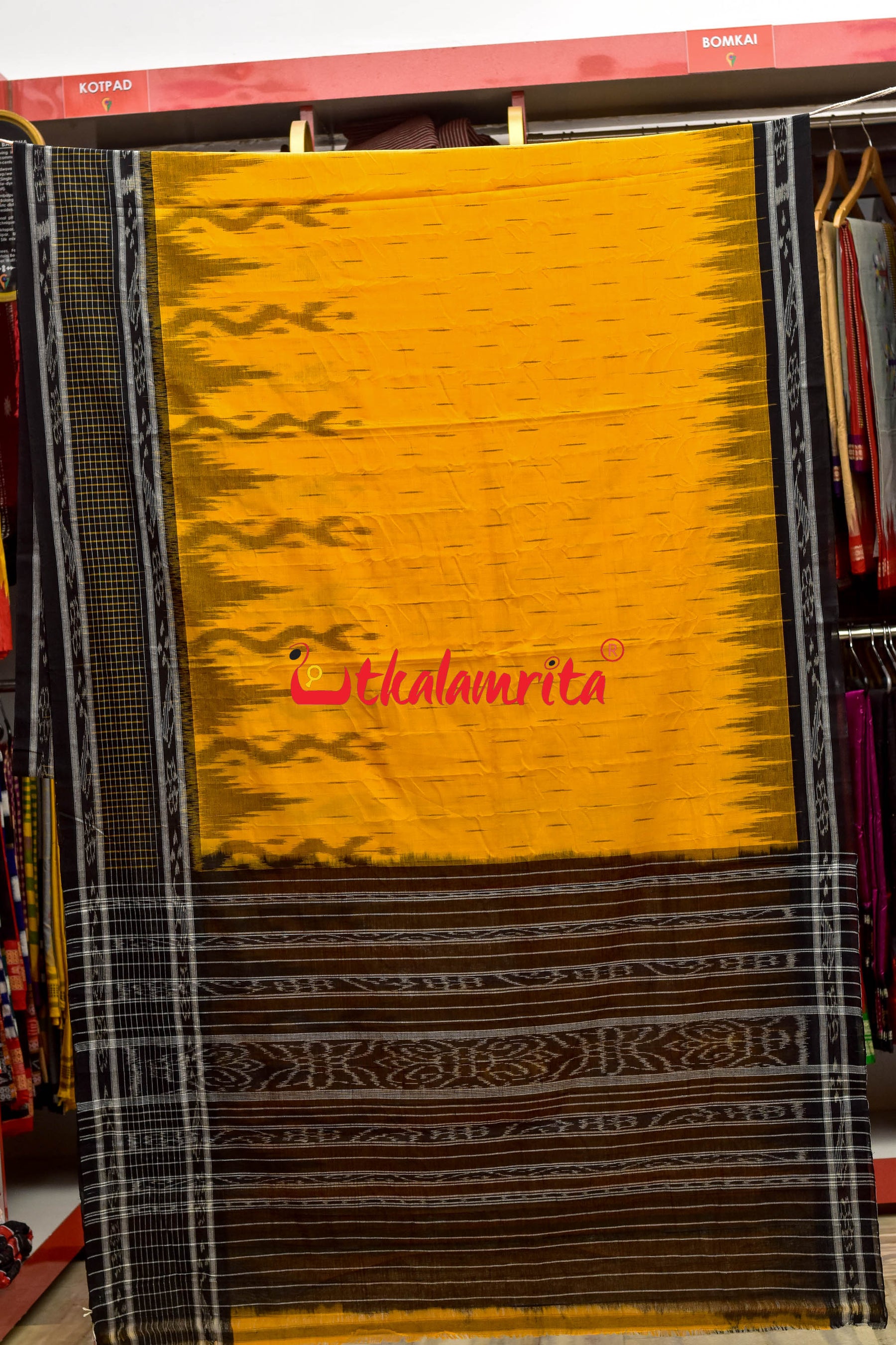 Yellow Black Check Daali Scot Khandua Cotton Saree