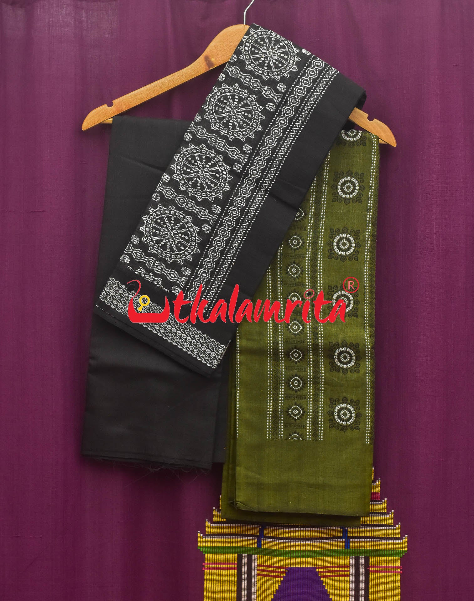 Mehendi Green with Black Flower Bomkai Dress Set