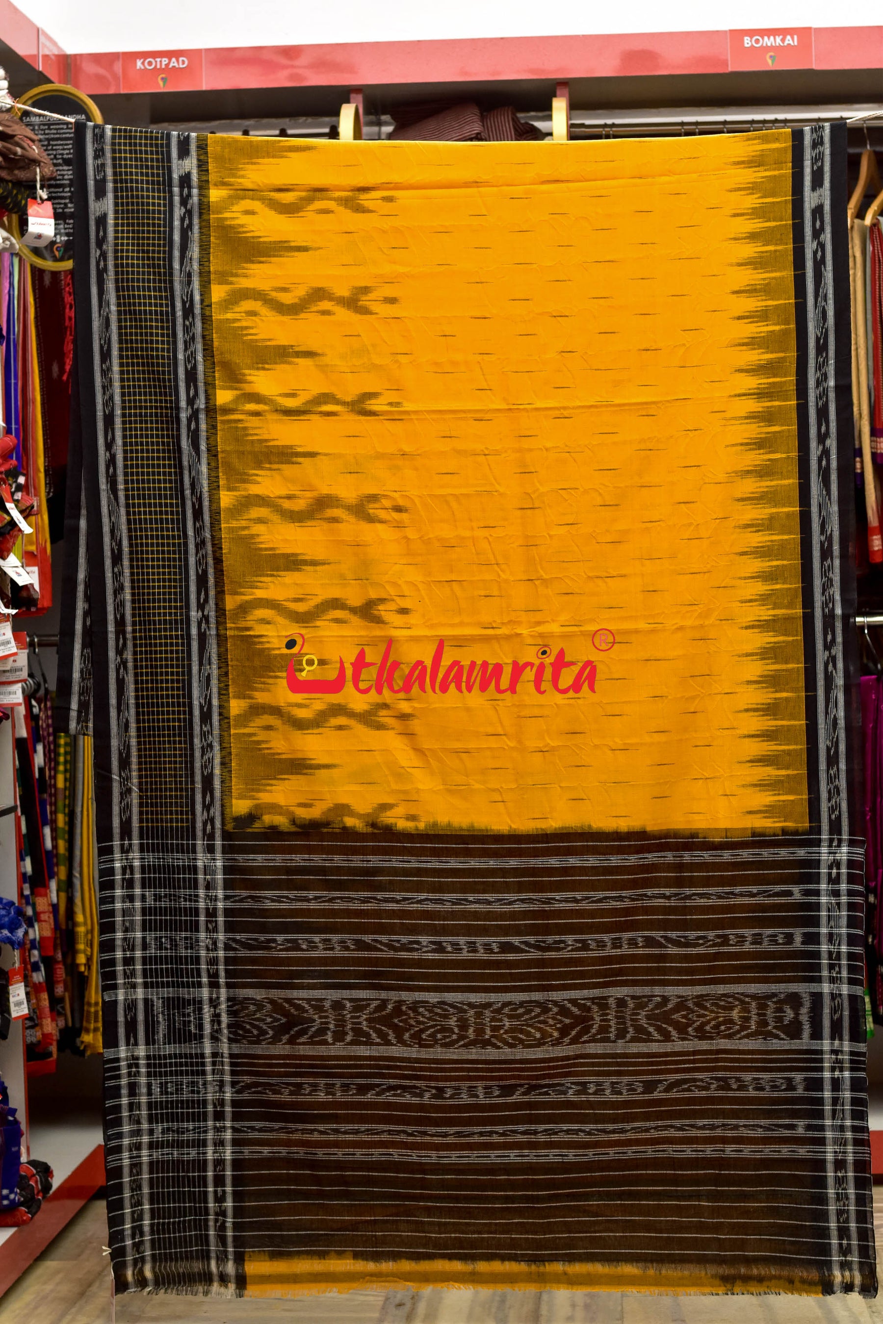 Yellow Black Check Daali Scot Khandua Cotton Saree