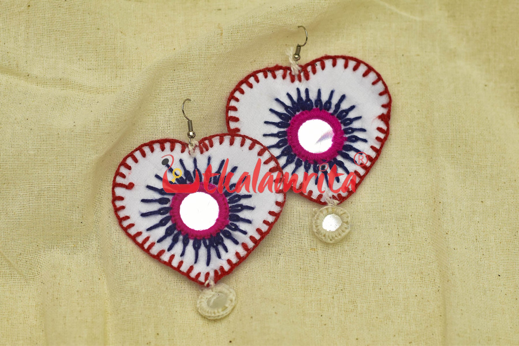 White Hearts Single Mirrors (Pipli applique danglers)