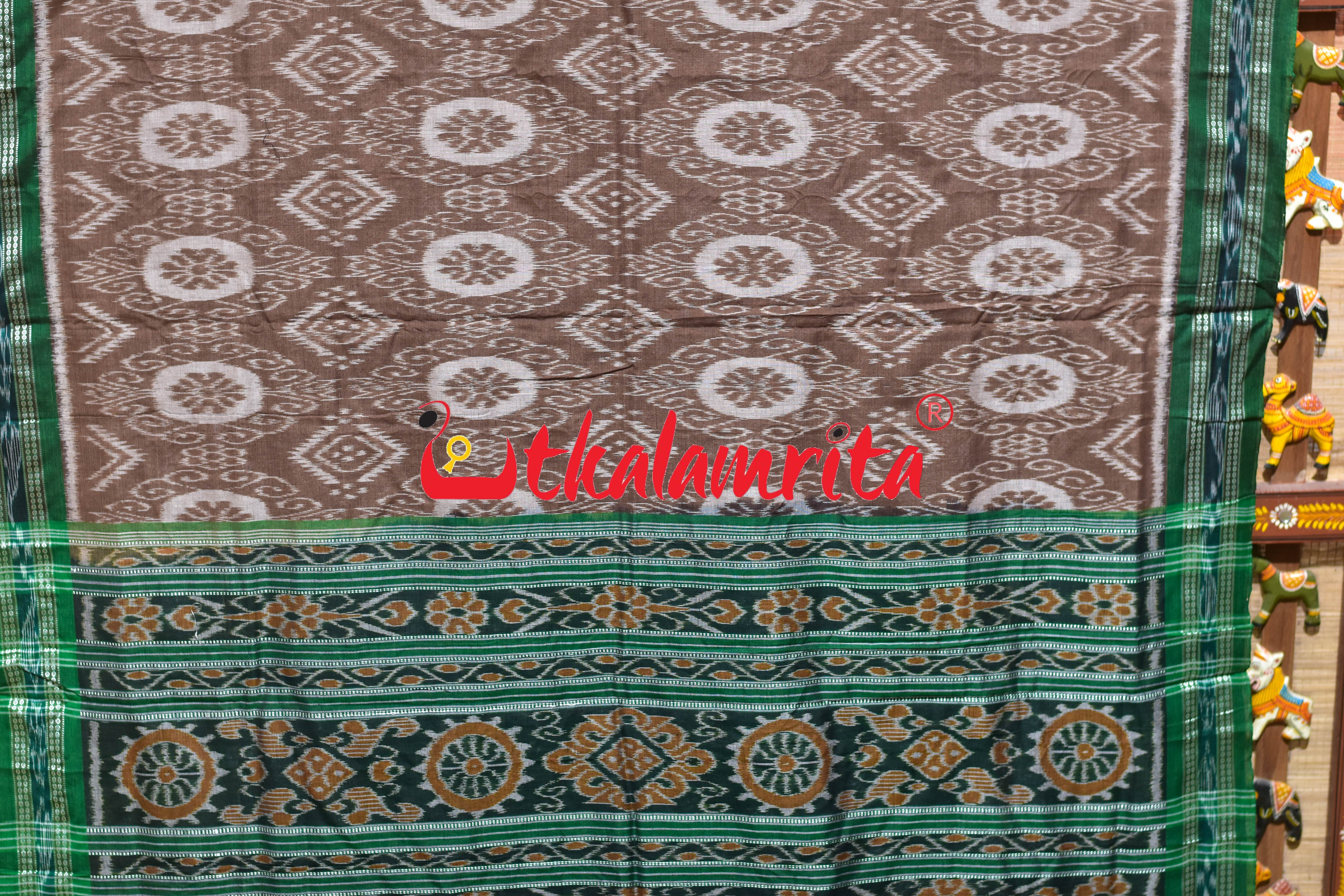 Chocolate Green Flower Khandua Cotton Saree