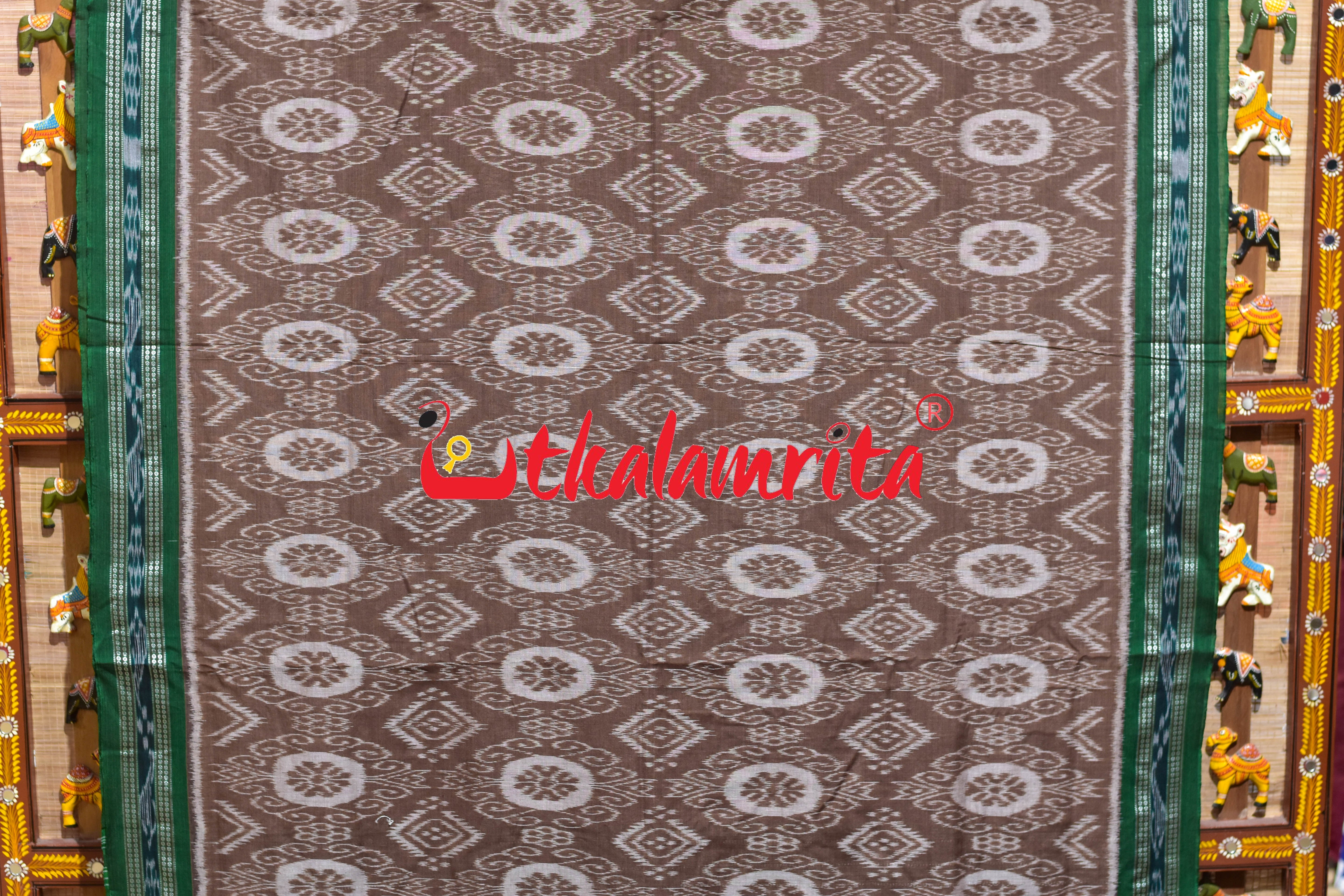 Chocolate Green Flower Khandua Cotton Saree