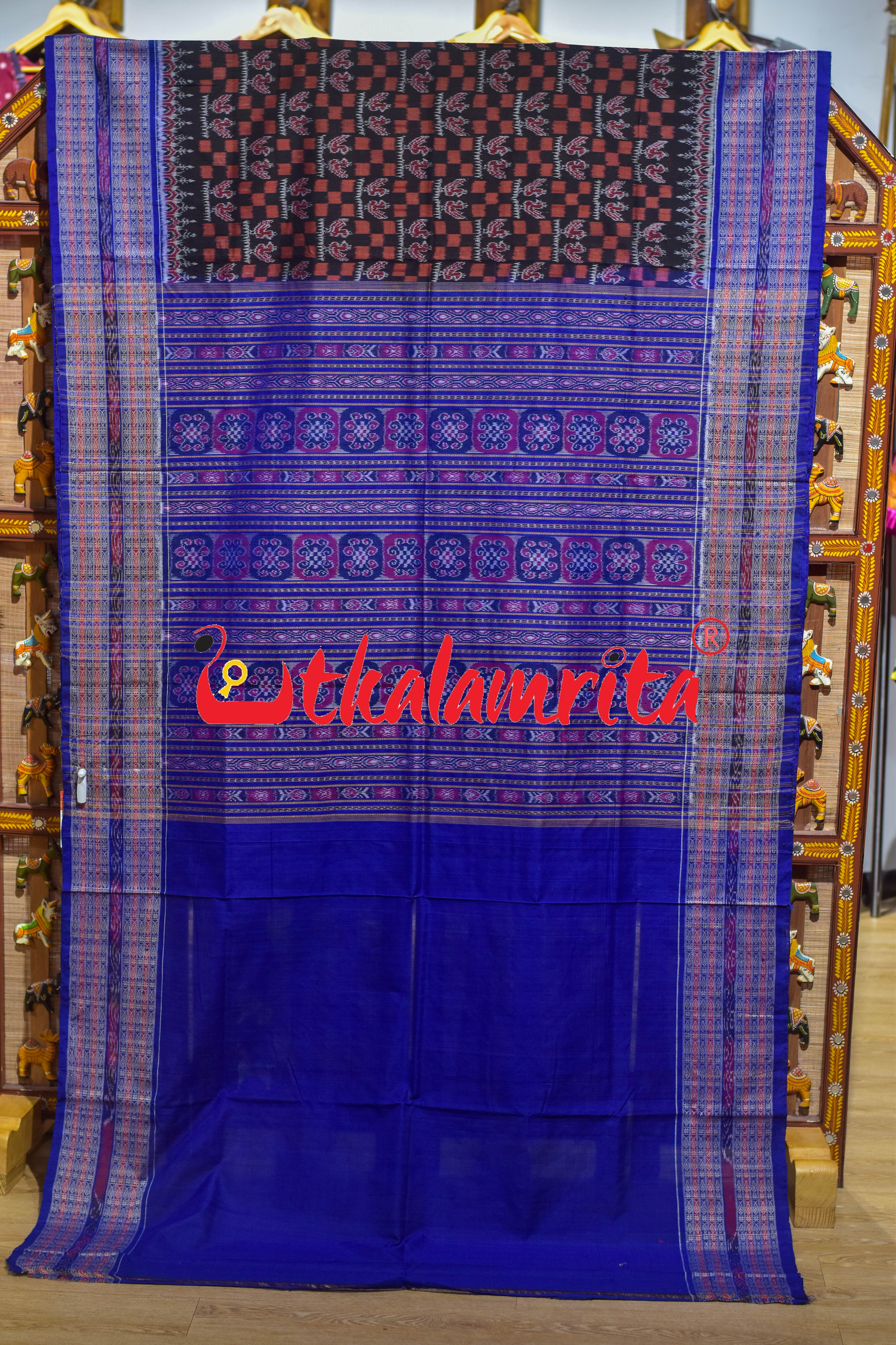 Black Rust Double Birds Sambalpuri Cotton Saree