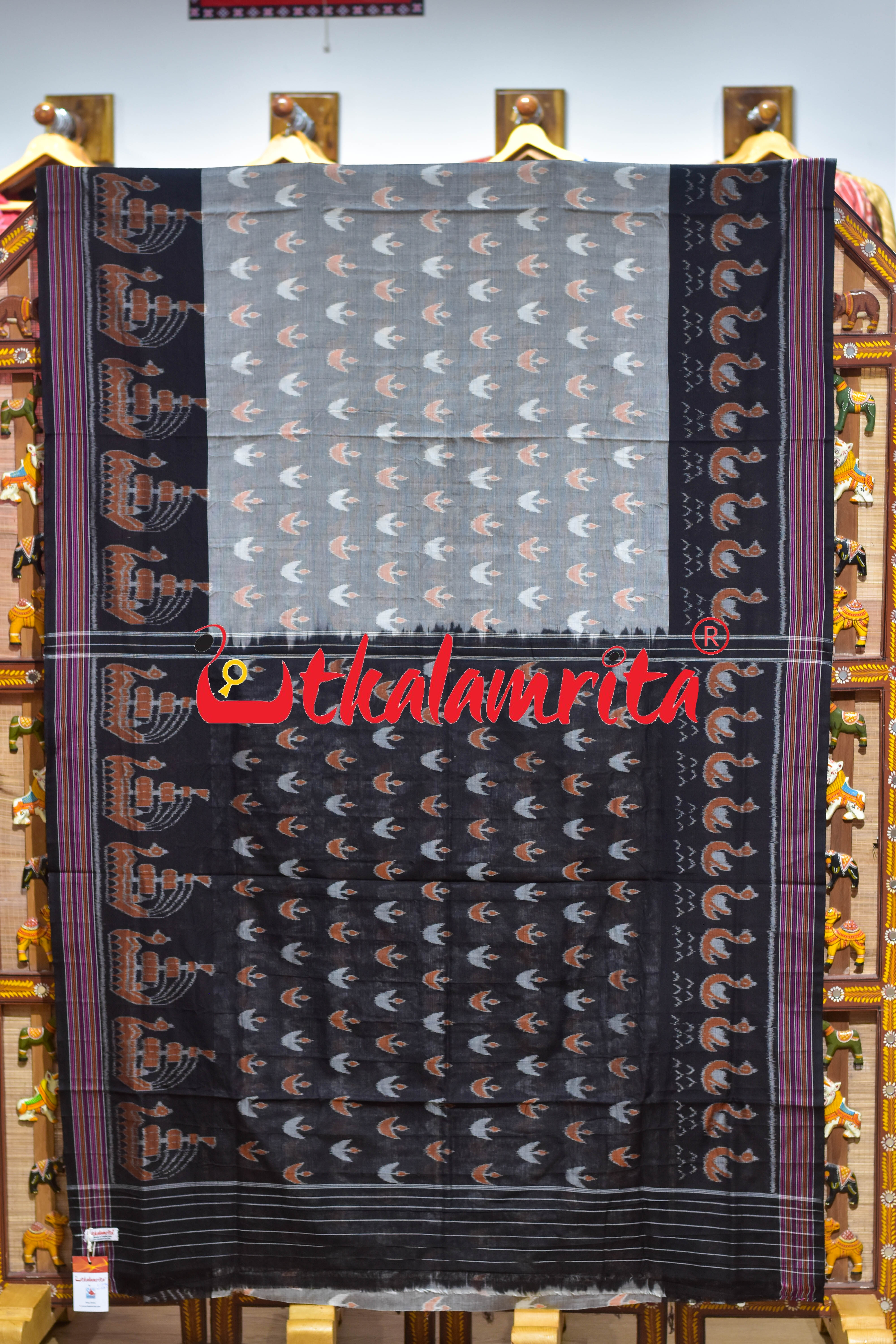 Grey Black Ducks & Boita Khandua Cotton Saree