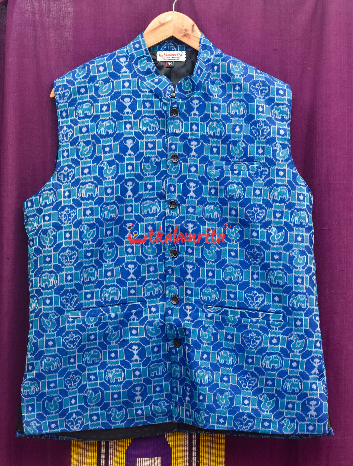 Blue 3D Elephant Sambalpuri Cotton (Modi Jacket)