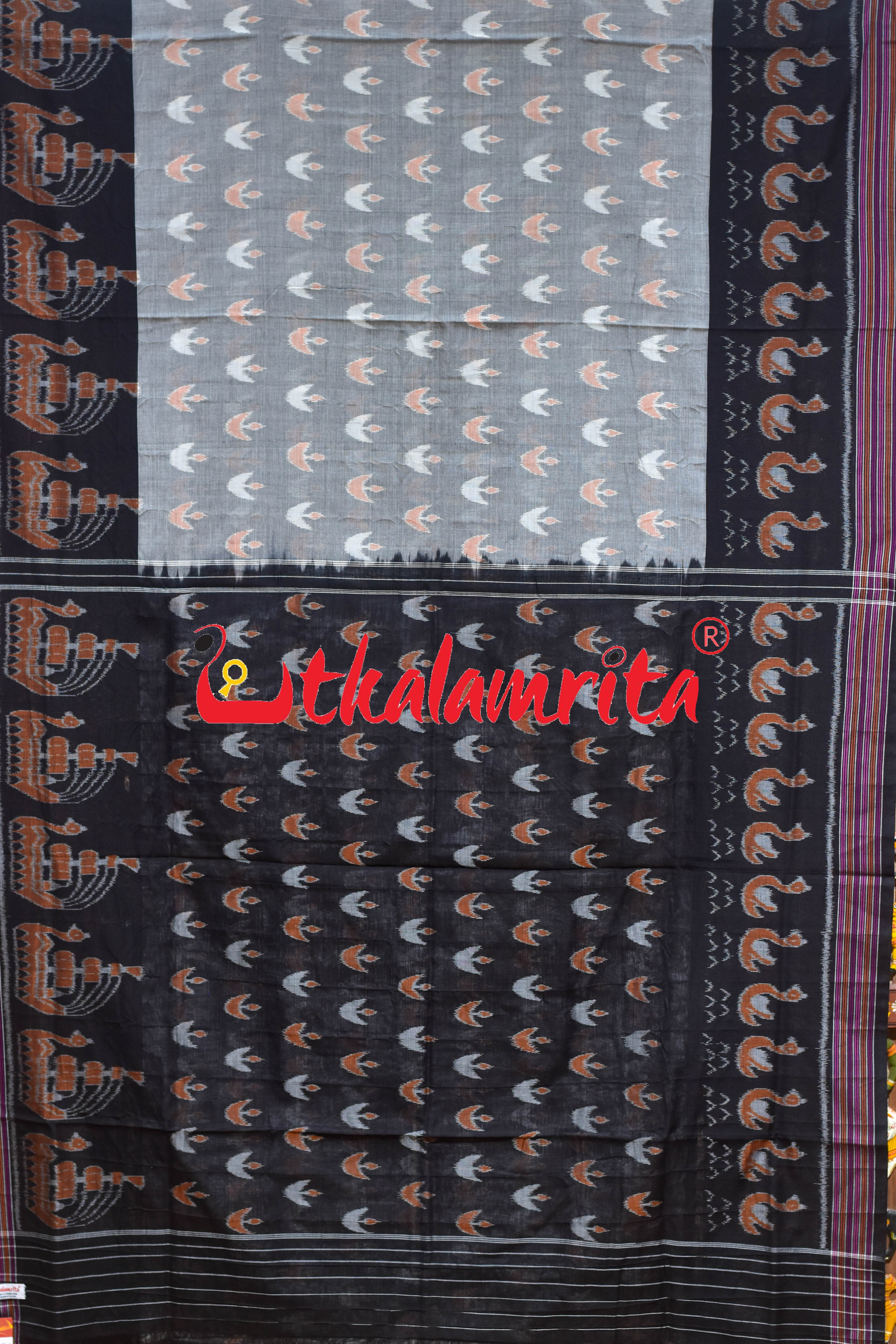 Grey Black Ducks & Boita Khandua Cotton Saree