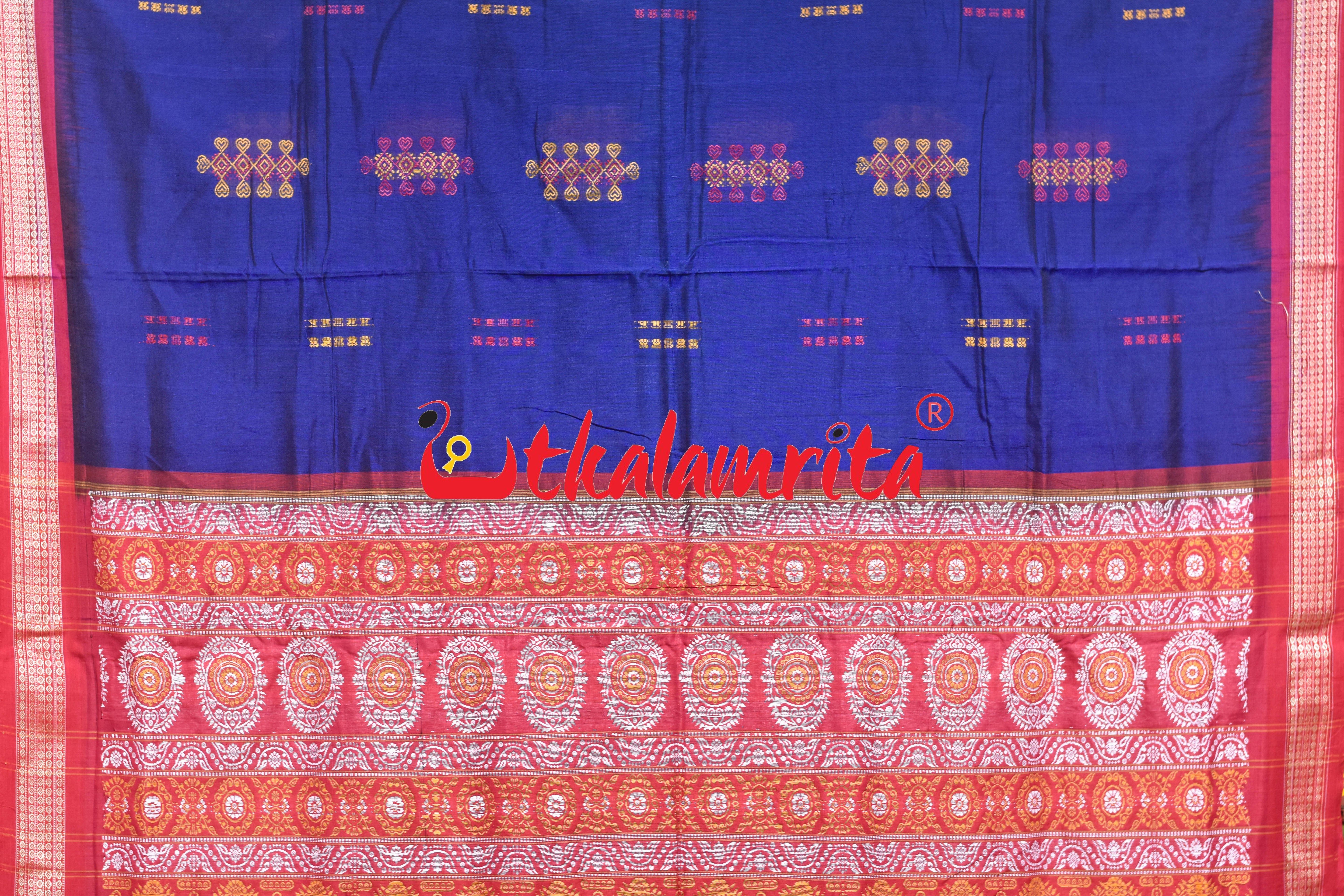 Blue Red Heart Bomkai Cotton Saree