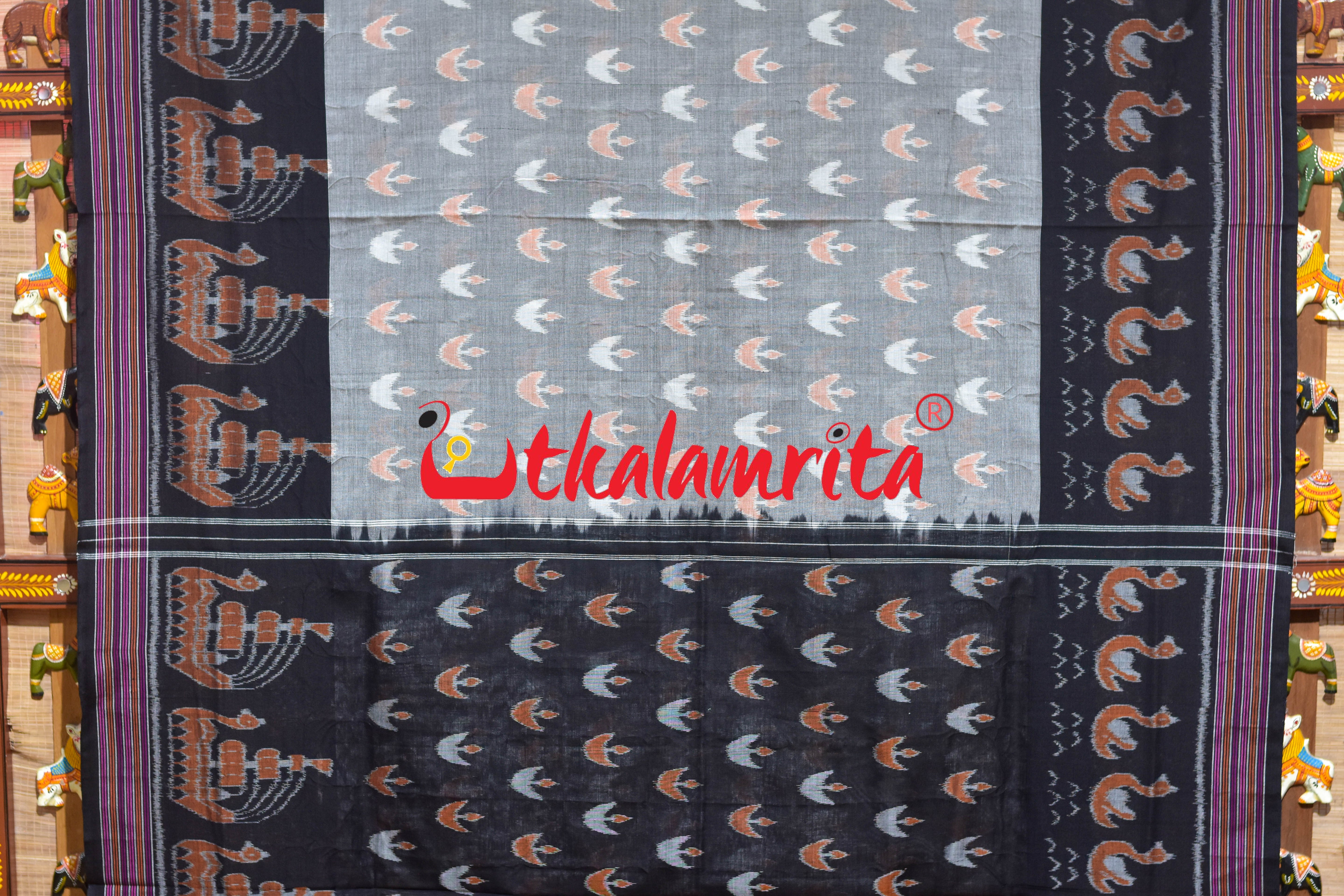 Grey Black Ducks & Boita Khandua Cotton Saree
