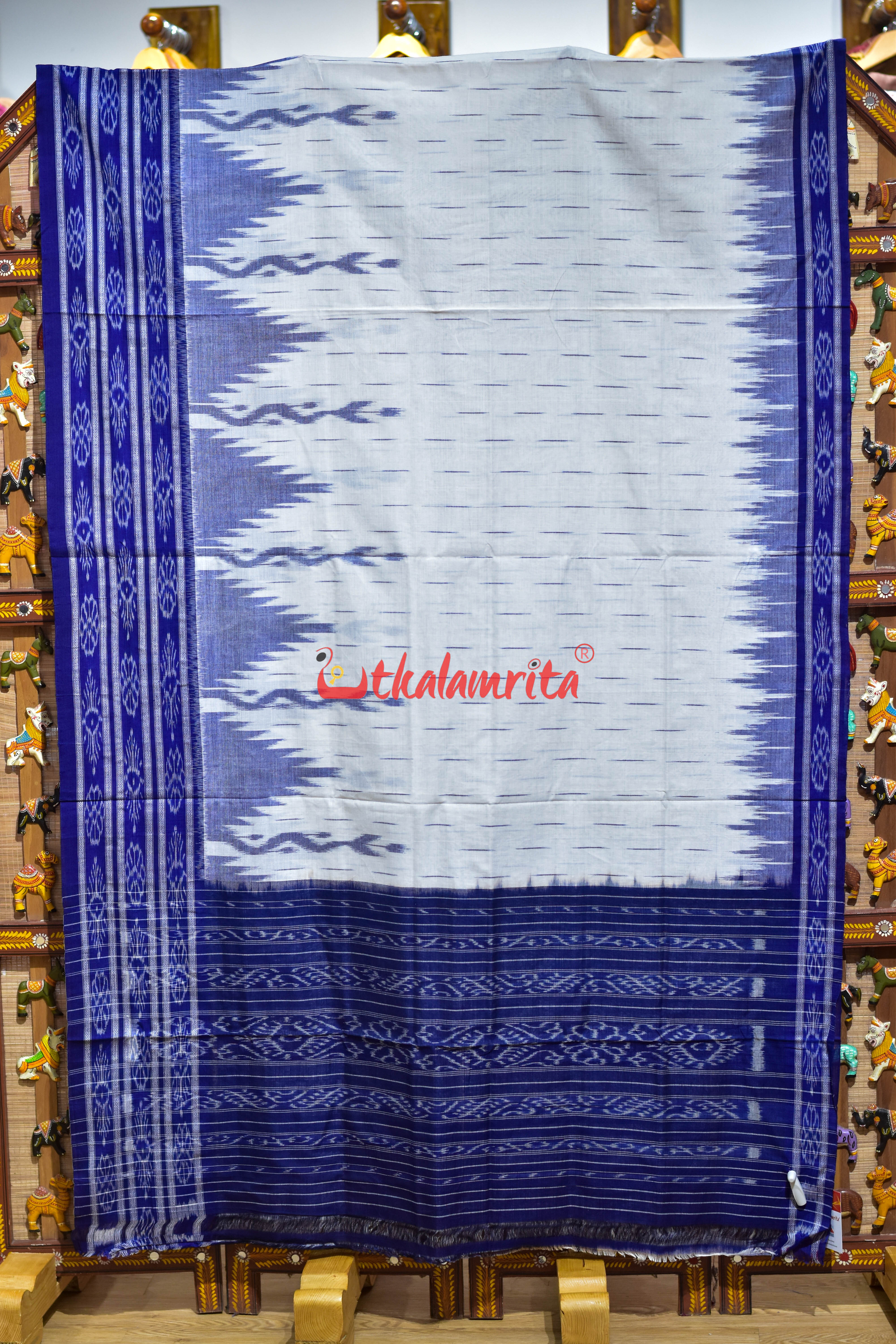 White Blue Daali Scot Khandua Cotton Saree