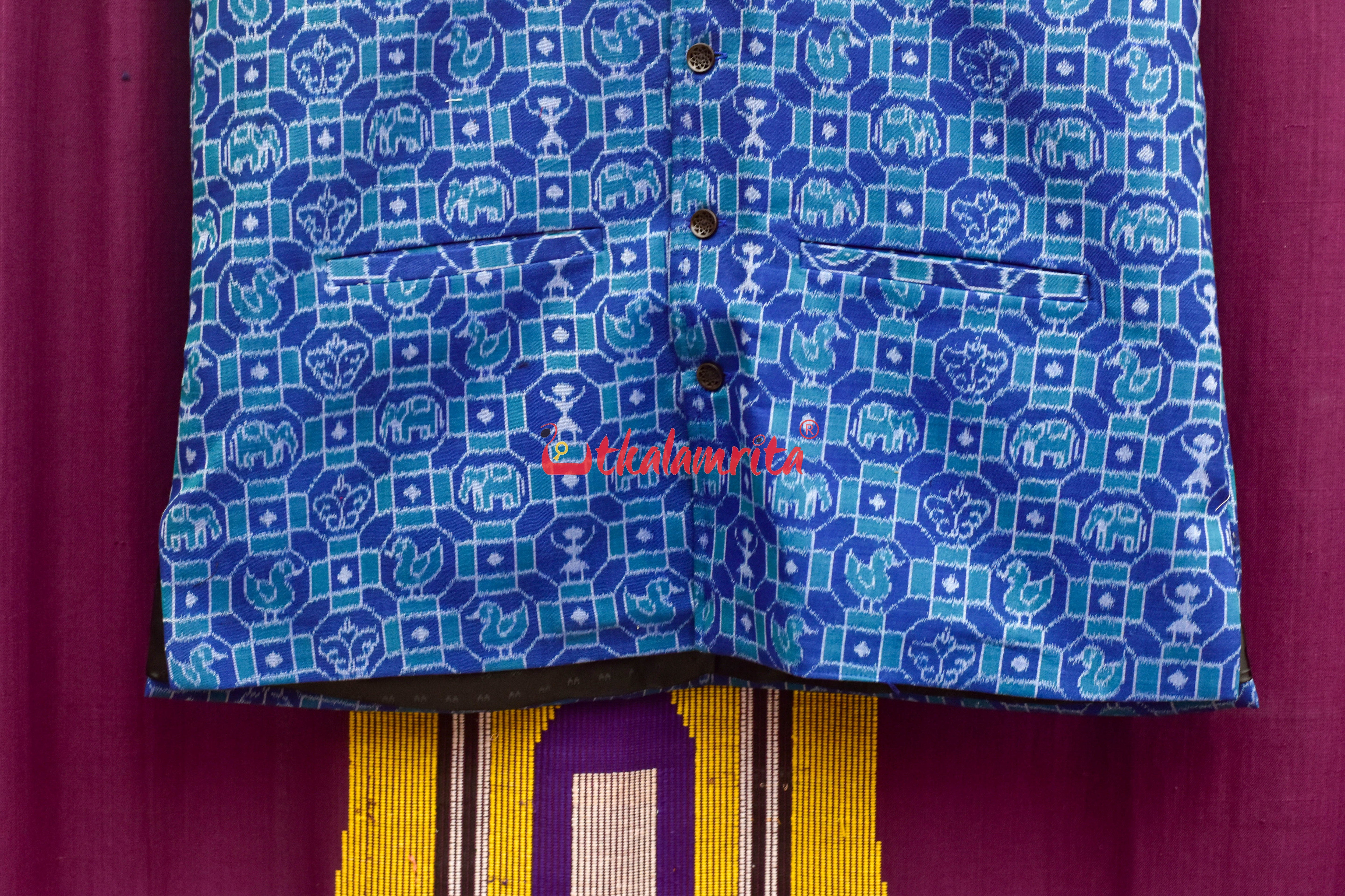 Blue 3D Elephant Sambalpuri Cotton (Modi Jacket)