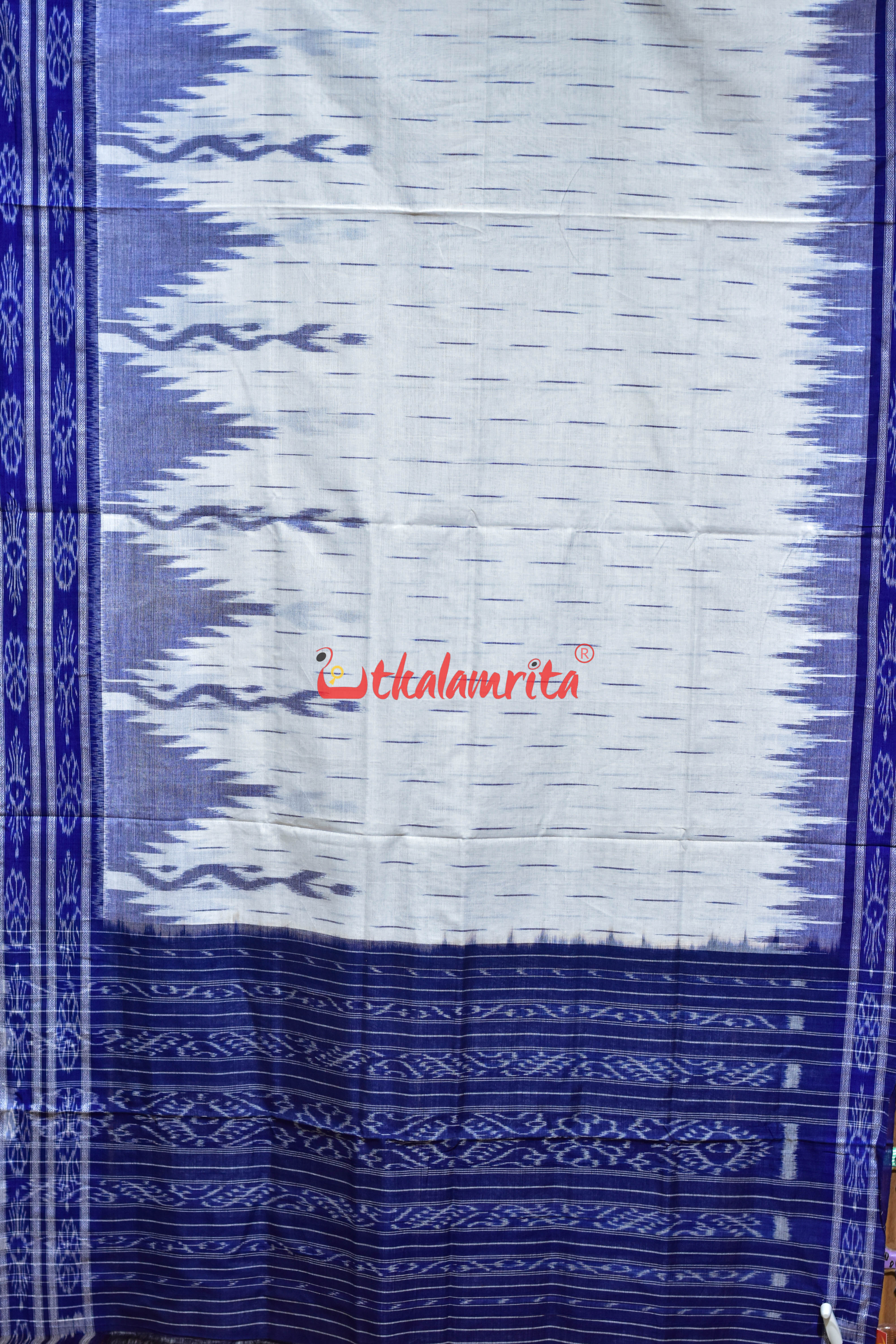 White Blue Daali Scot Khandua Cotton Saree