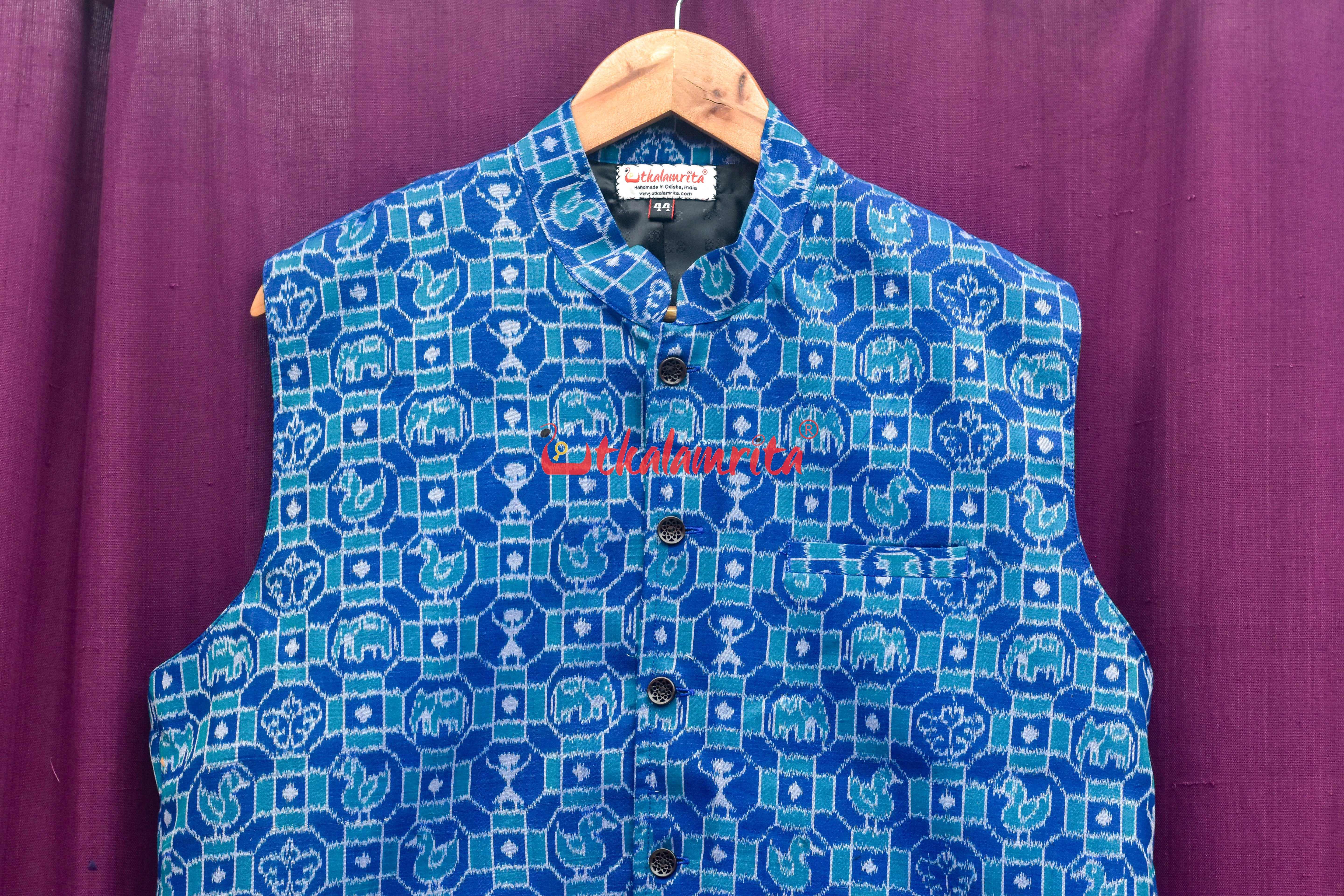 Blue 3D Elephant Sambalpuri Cotton (Modi Jacket)