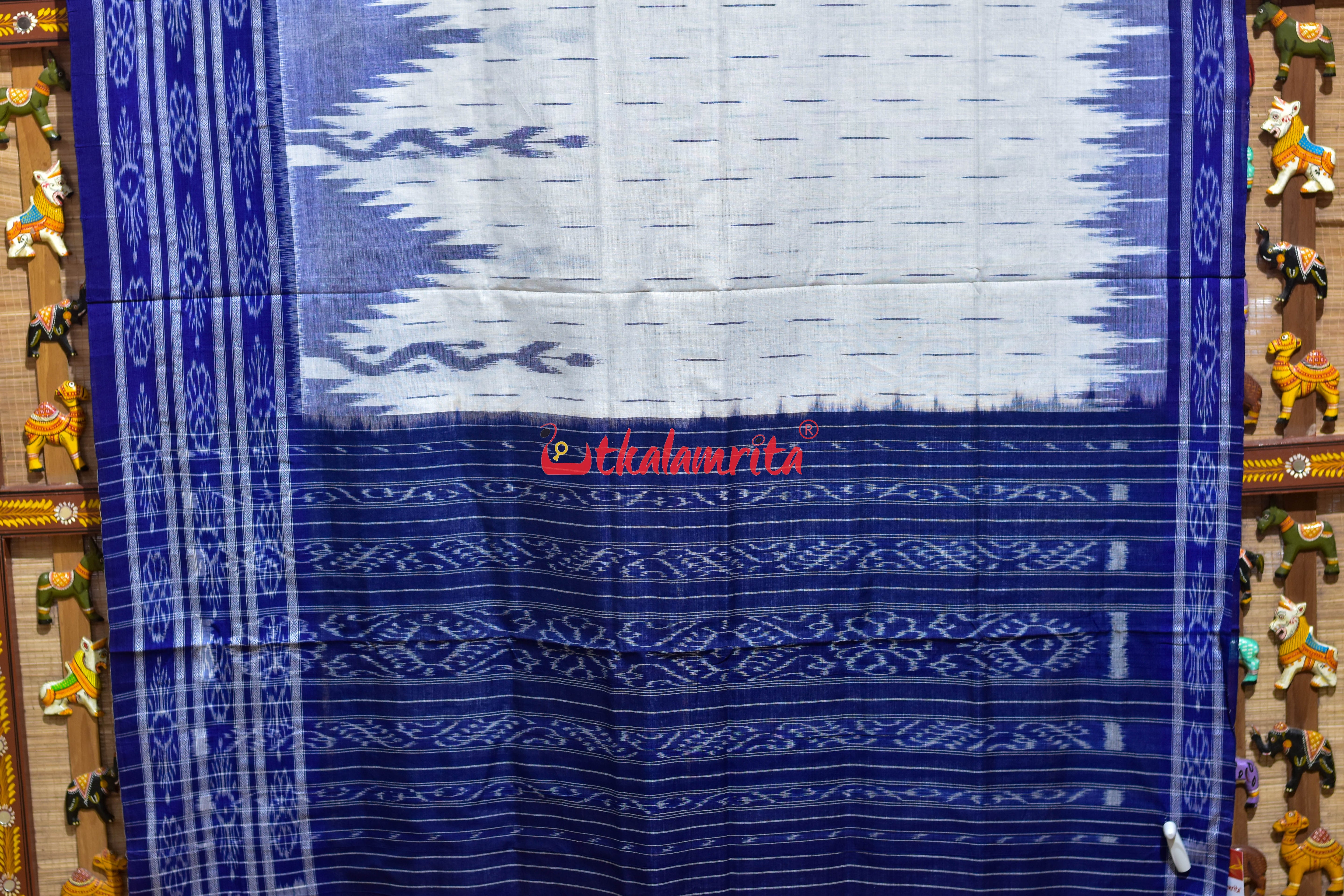 White Blue Daali Scot Khandua Cotton Saree
