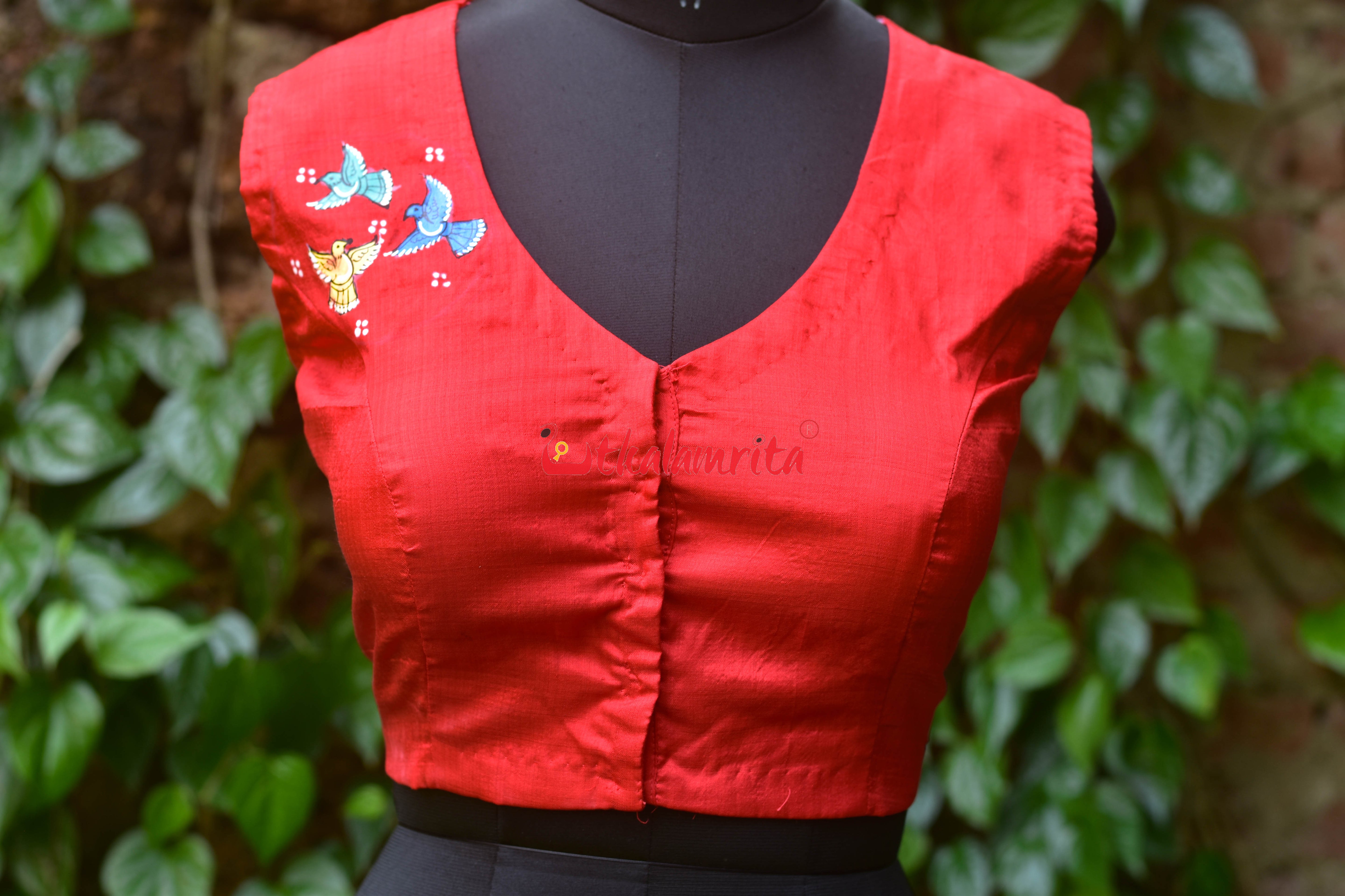 Red Fish Bandha Border Chadhei Silk (Blouse Piece)