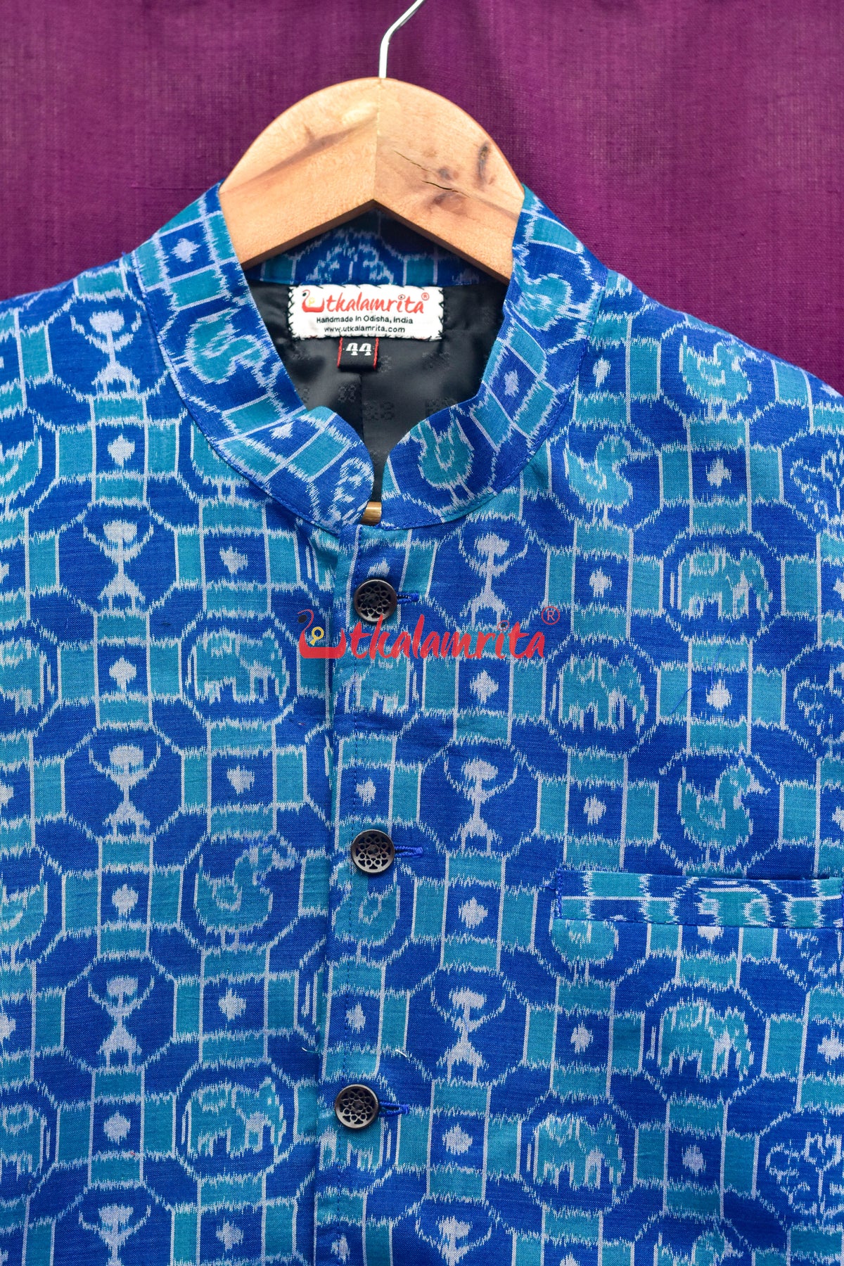 Blue 3D Elephant Sambalpuri Cotton (Modi Jacket)