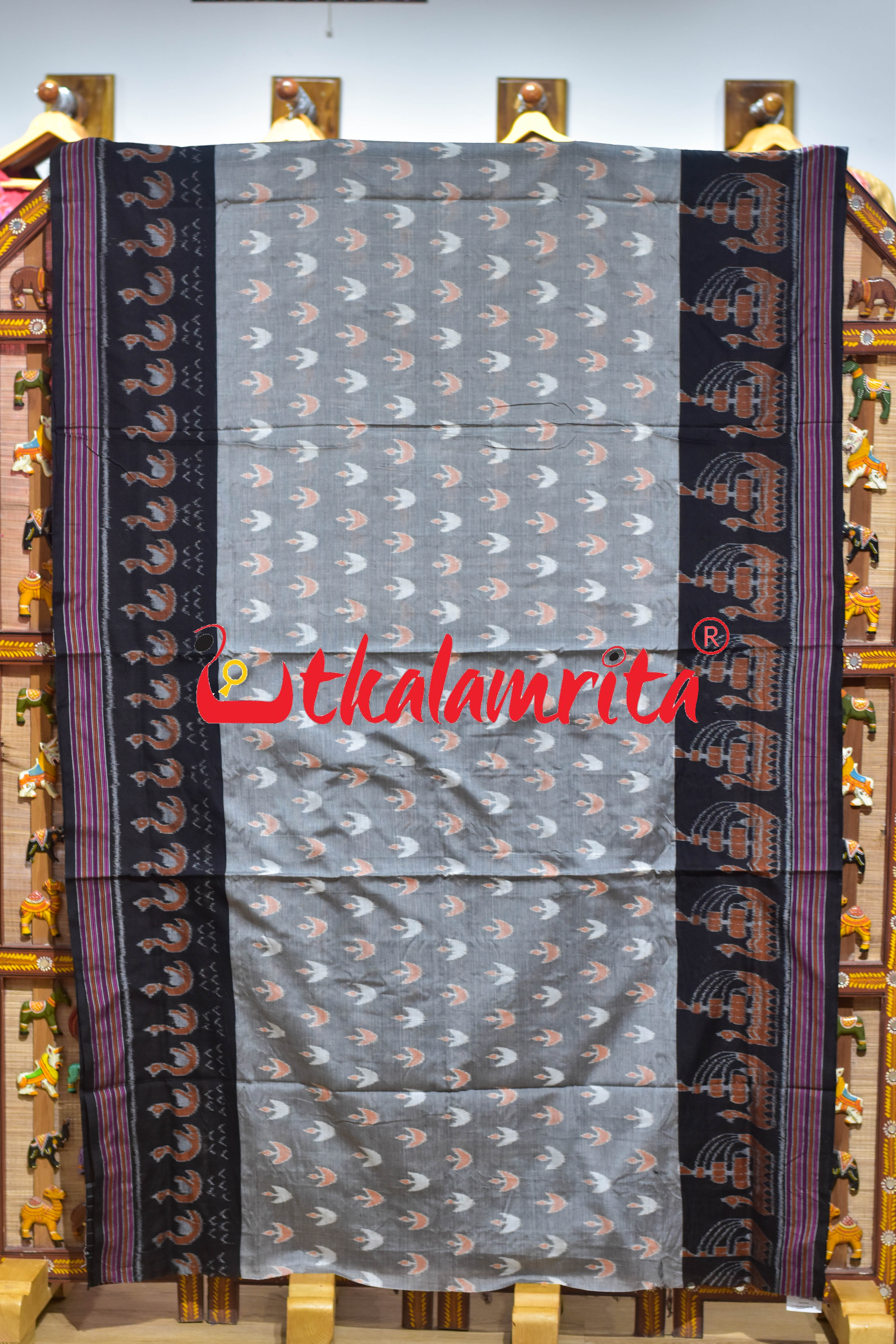 Grey Black Ducks & Boita Khandua Cotton Saree